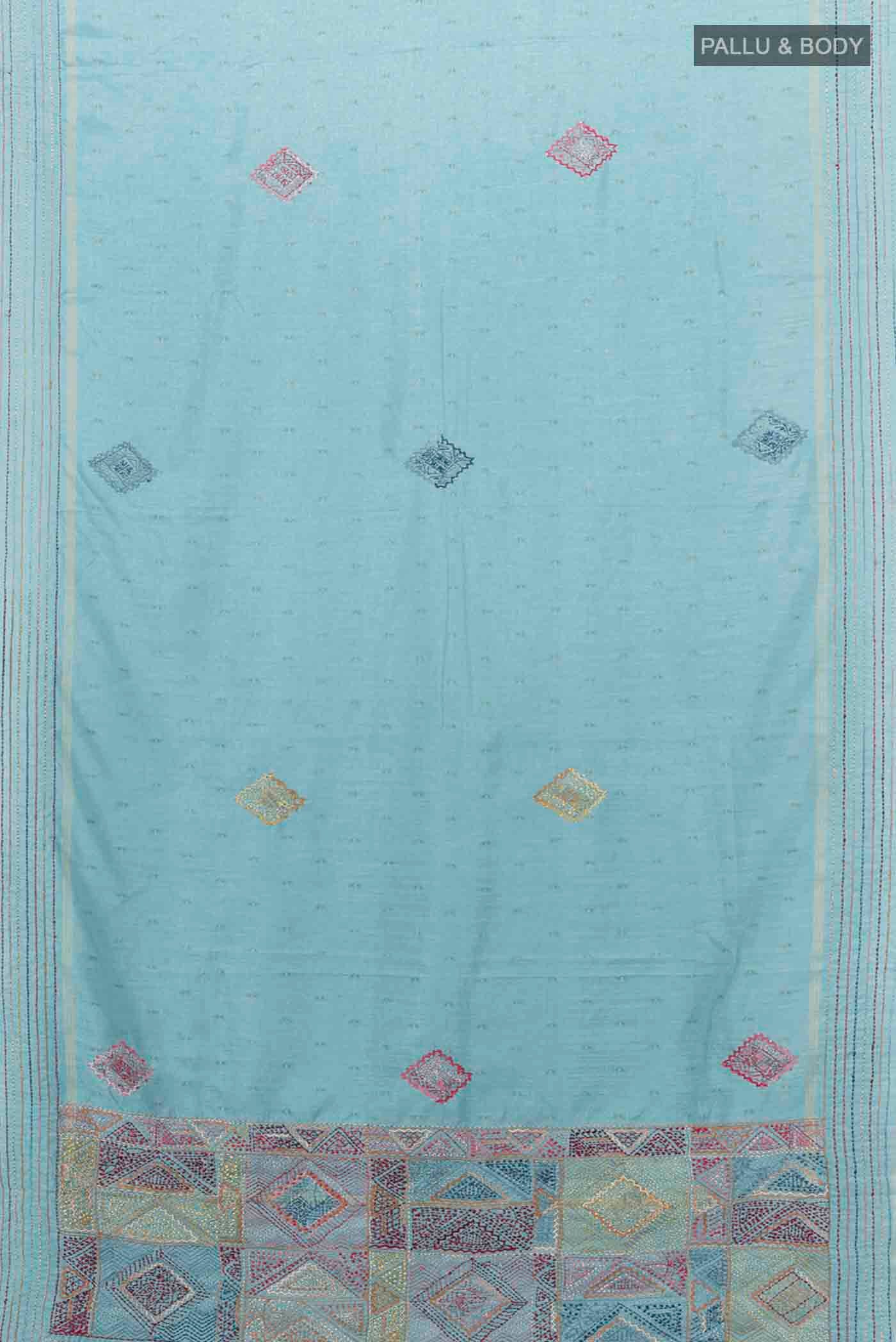 Flat view of Light Blue Blended Tussar Silk Saree with Embroidery on the body and Embroidery Border