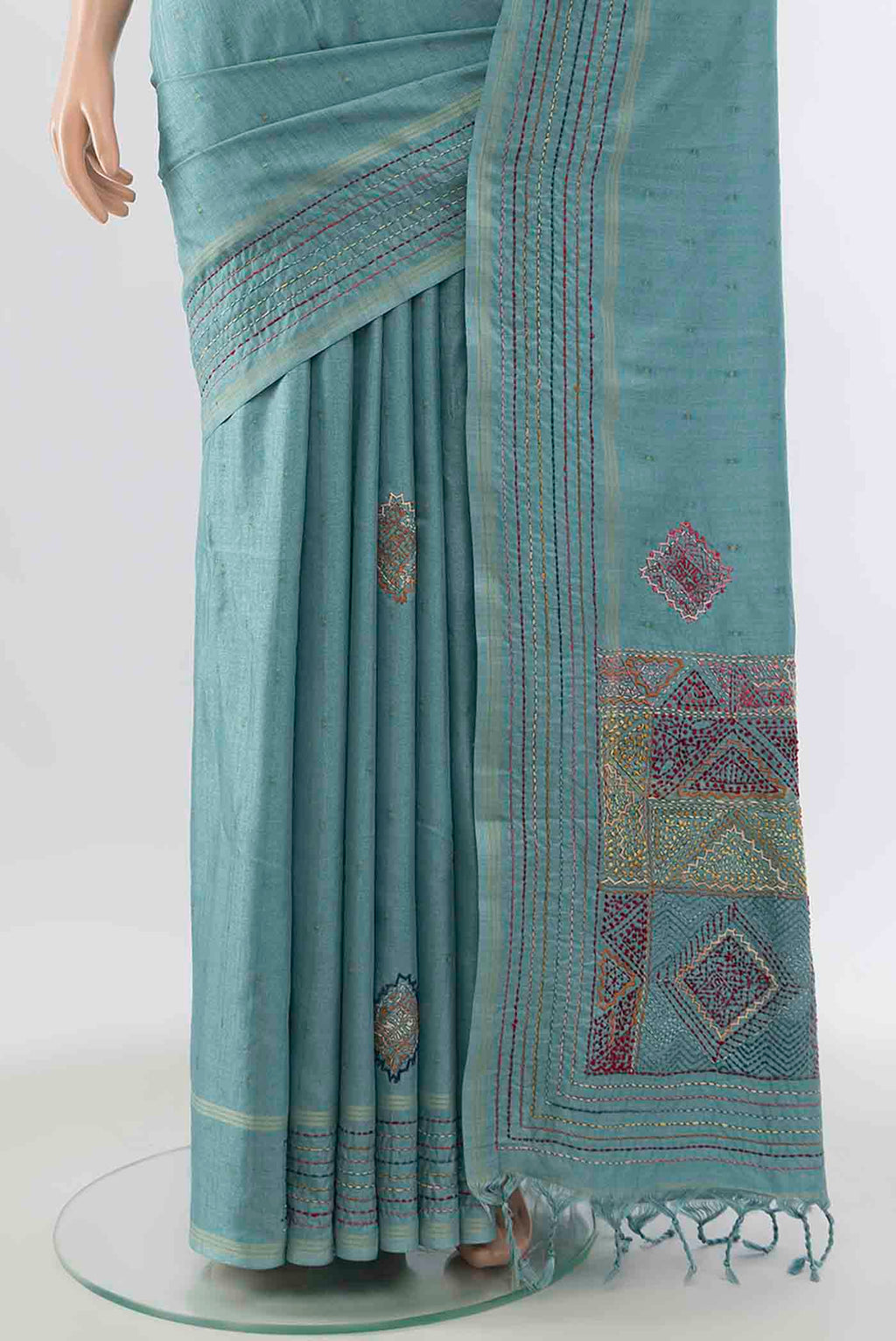Pleats and pallu of Light Blue Blended Tussar Silk Saree with Embroidery on the body and Embroidery Border