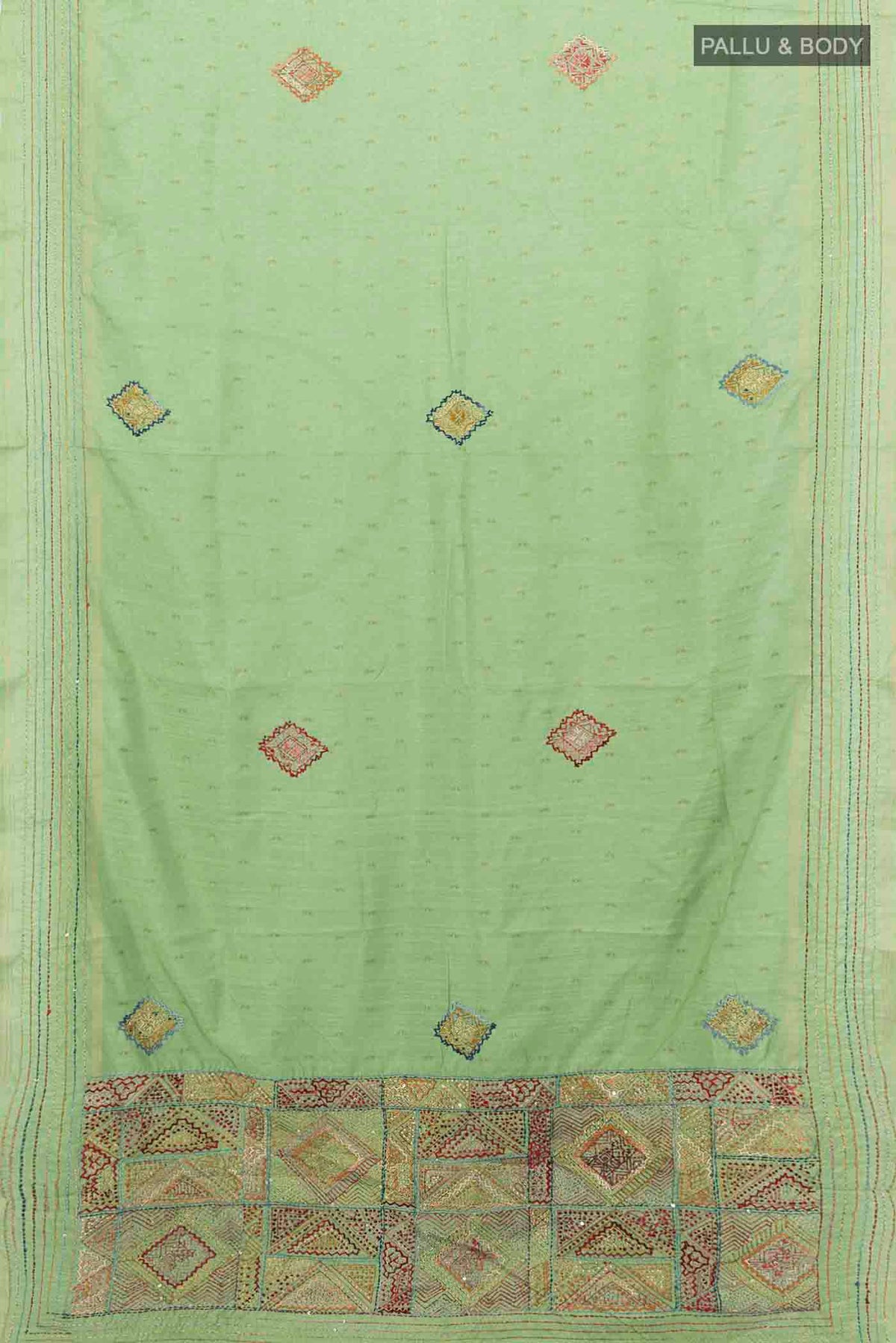 Flat view of Pista Green Art Silk Saree with Thread Butta on the body and Thread Border