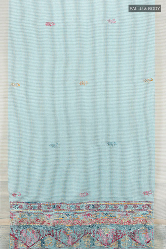Flat view of Light Blue Art Silk Saree with Checked design on the body and Silk Border. 
