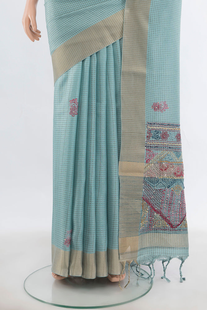 Pleats and pallu of Light Blue Art Silk Saree with Checked design on the body and Silk Border. 