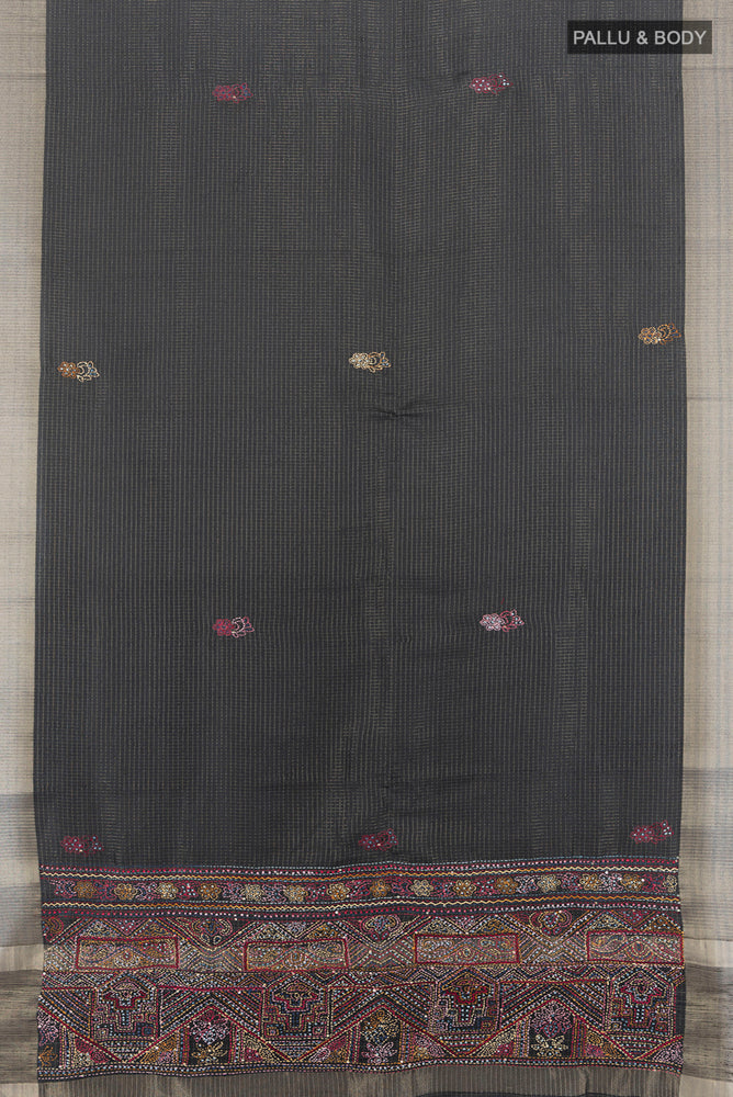 Flat view of Black Art Silk Saree with Checked design on the body and Silk Border. 