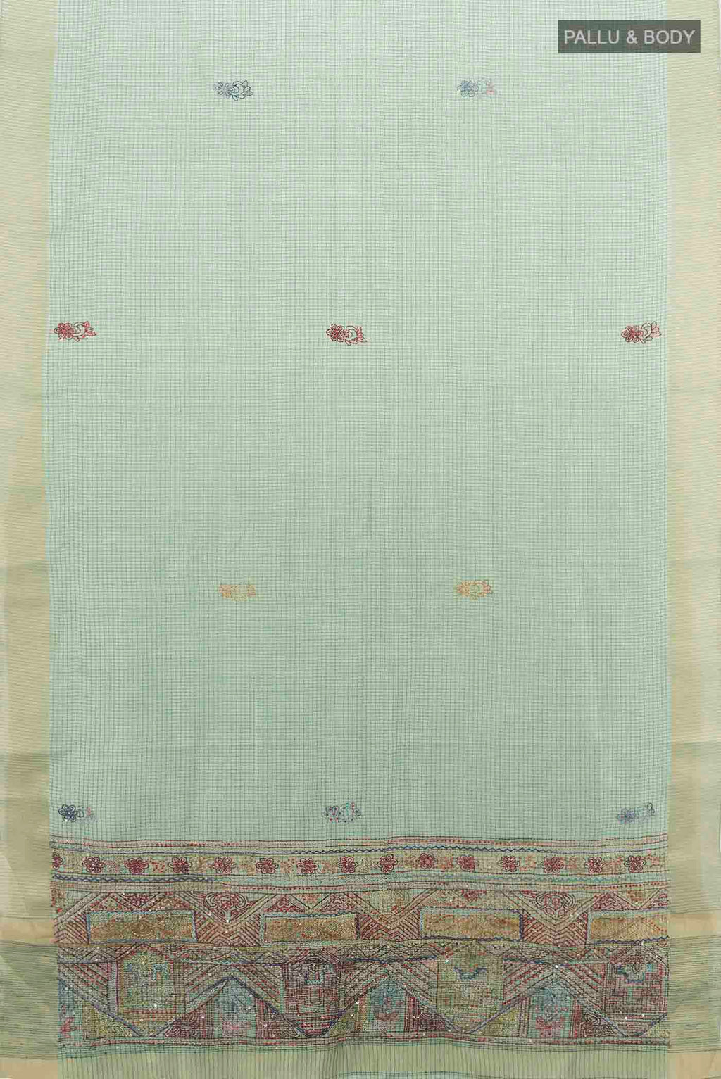 Flat view of Pista Green Art Silk Saree with Zari Butta on the body and Silk Border
