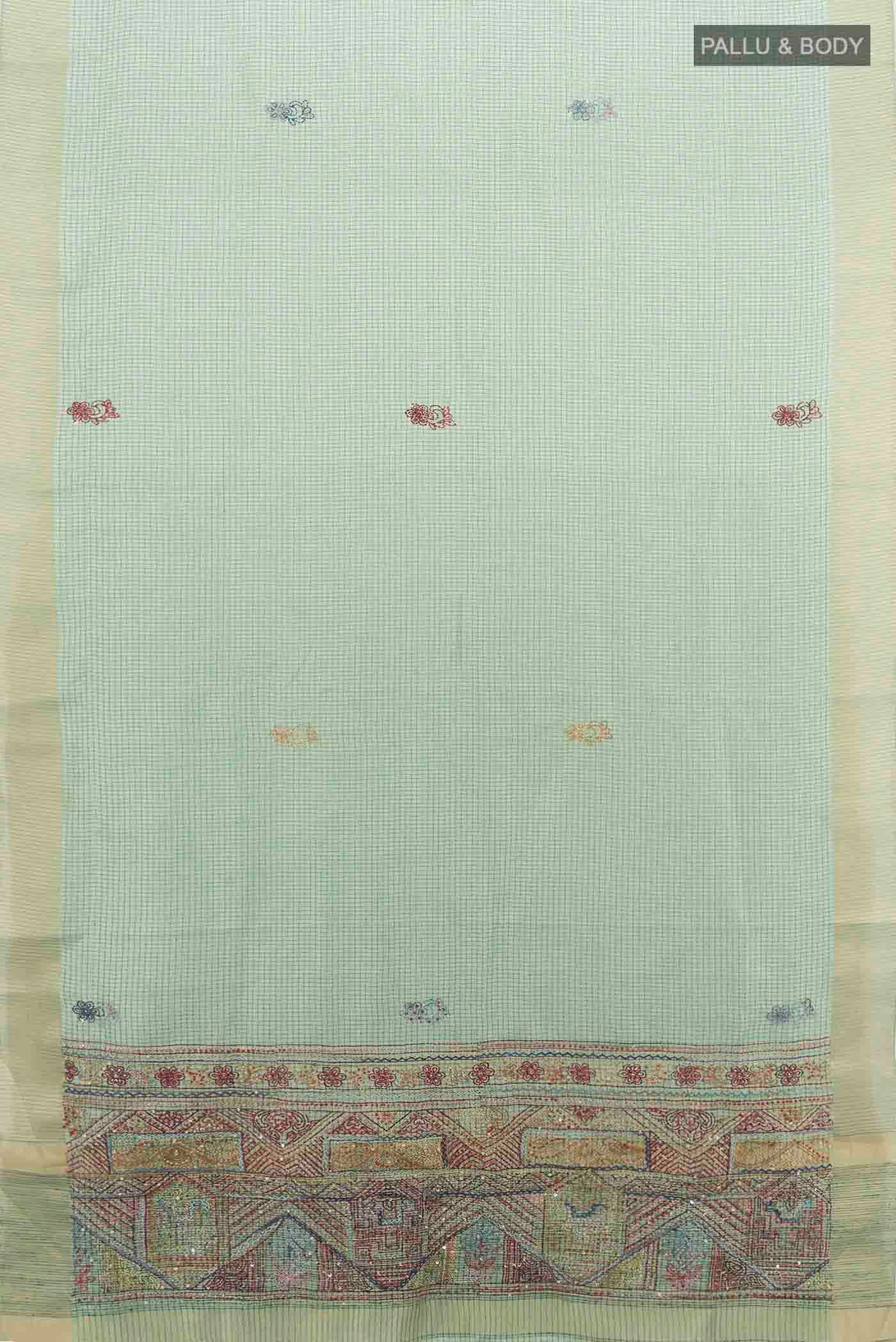 Flat view of Pista Green Art Silk Saree with Zari Butta on the body and Silk Border