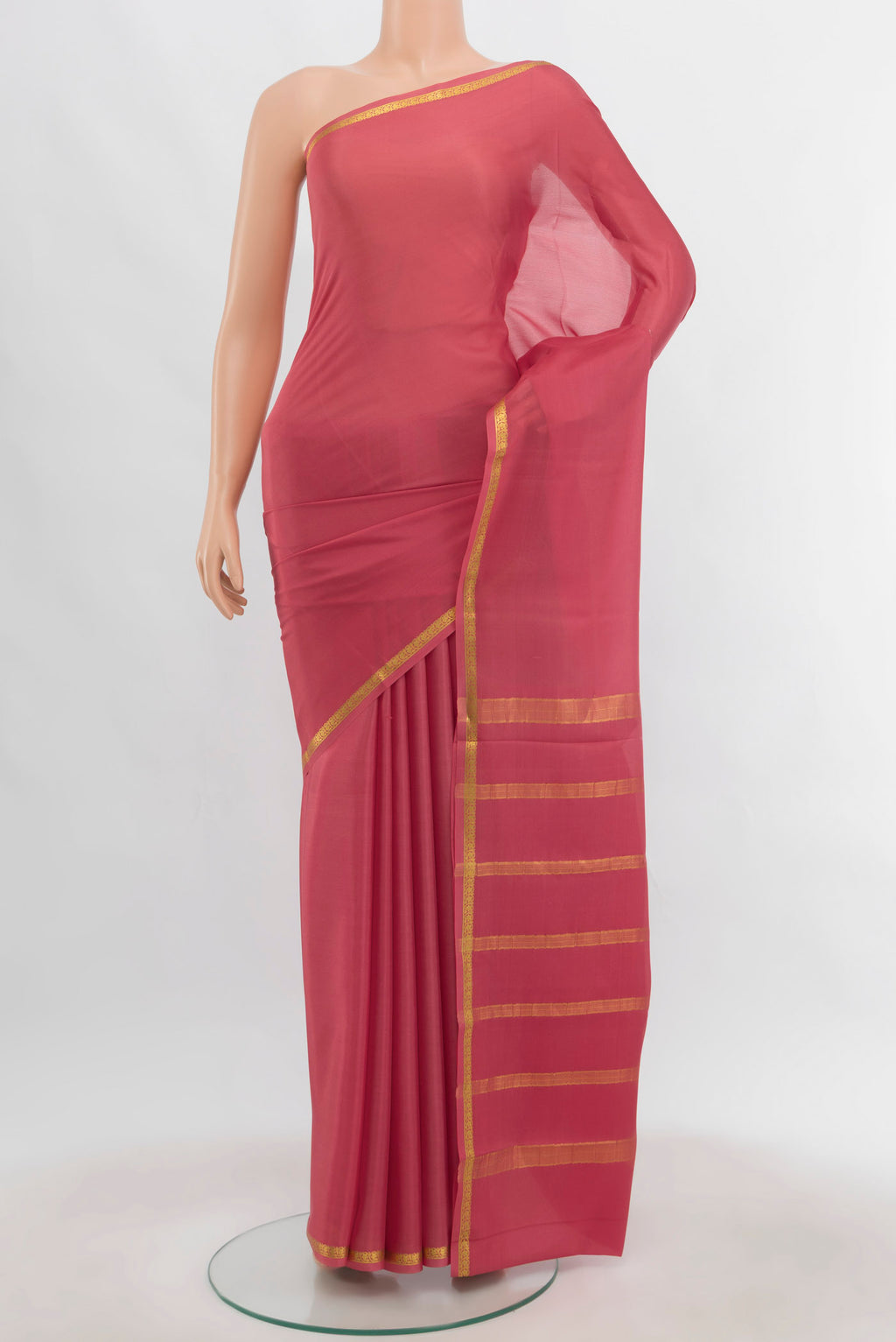Imperial Pink Mysore Crepe Saree with Zari Butta on the body and Zari Border.  displayed on a mannequin