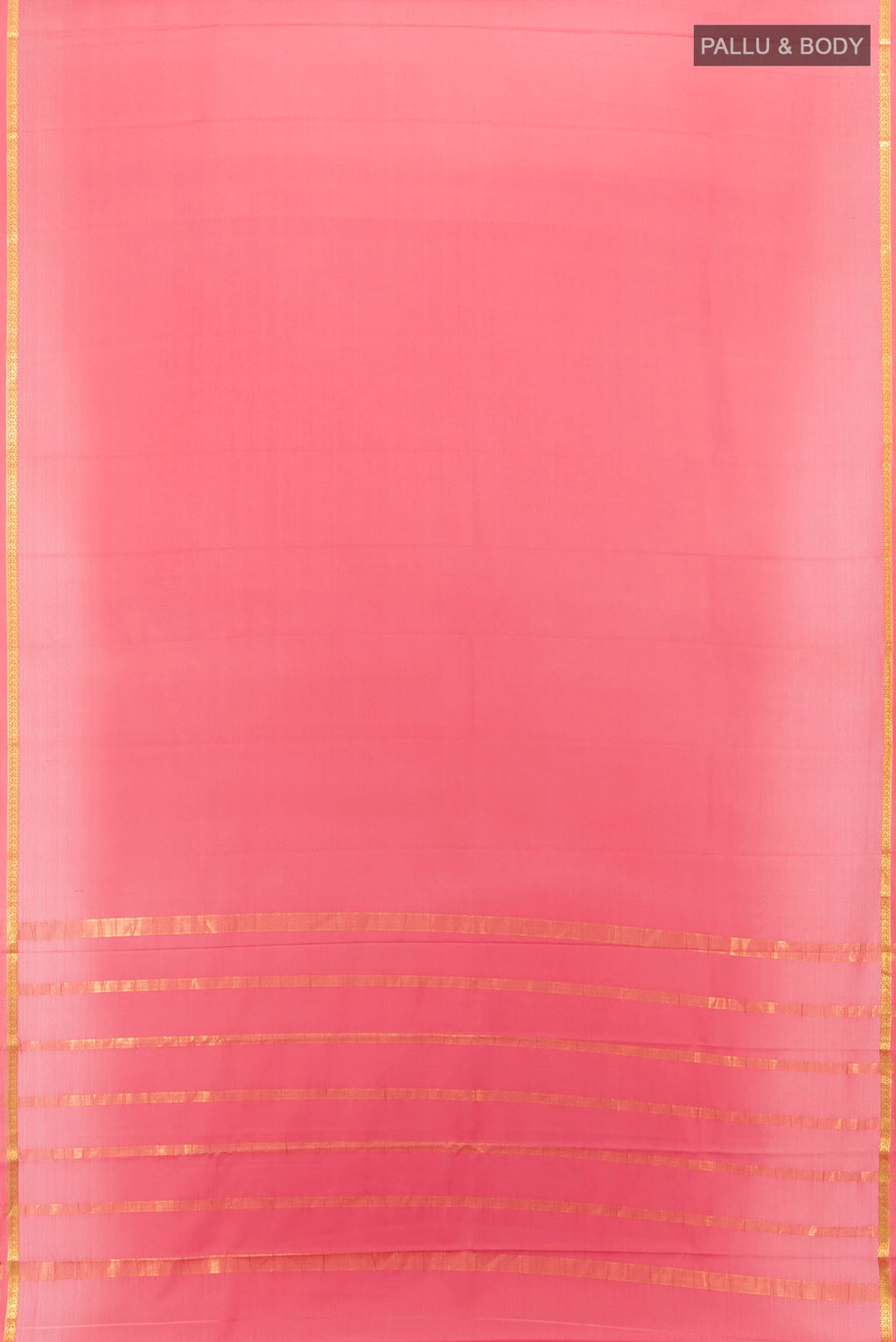 Flat view of Imperial Pink Mysore Crepe Saree with Zari Butta on the body and Zari Border. 
