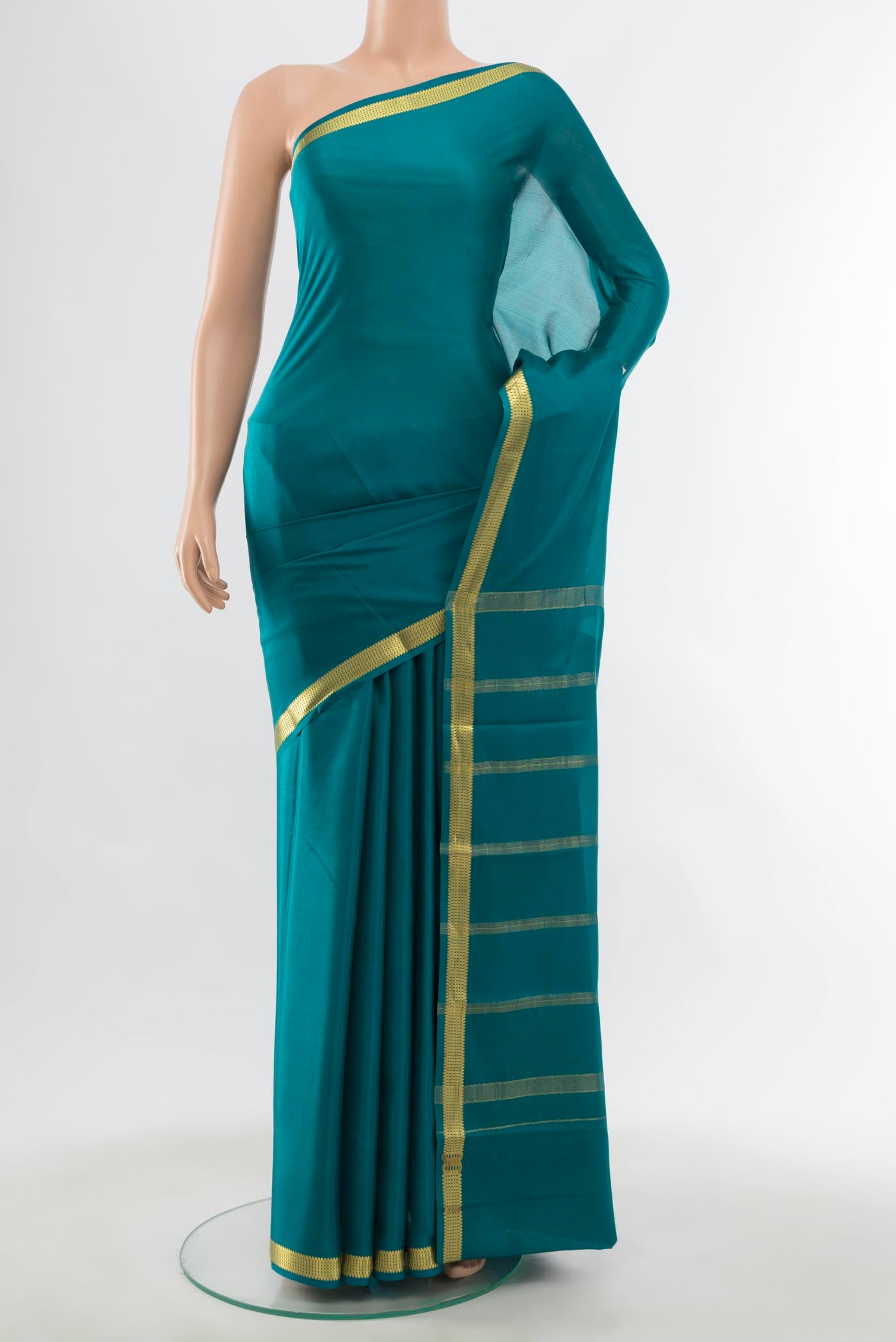 Dark Blue Mysore Crepe Saree with Zari Butta on the body and Silk Border displayed on a mannequin