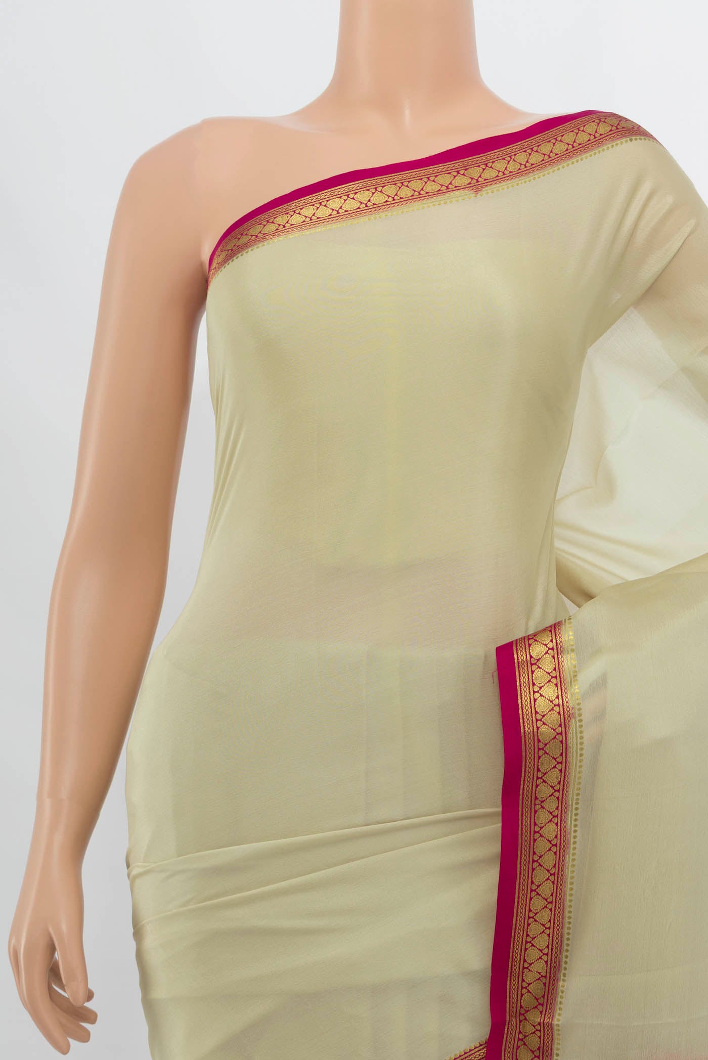 Border image of Cream Mysore Crepe Saree with Plain Body and Silk Border. 