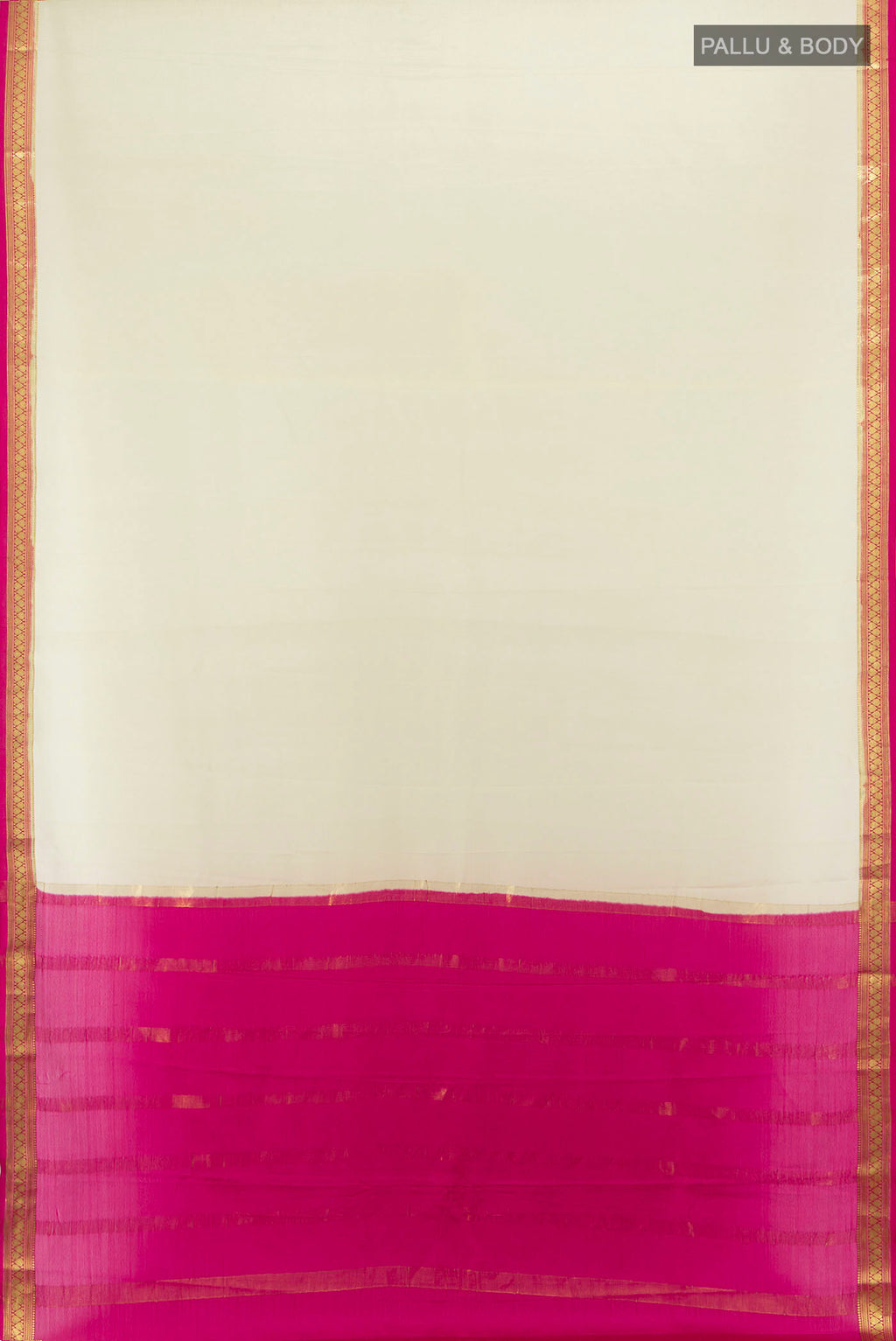 Flat view of Cream Mysore Crepe Saree with Plain Body and Silk Border. 