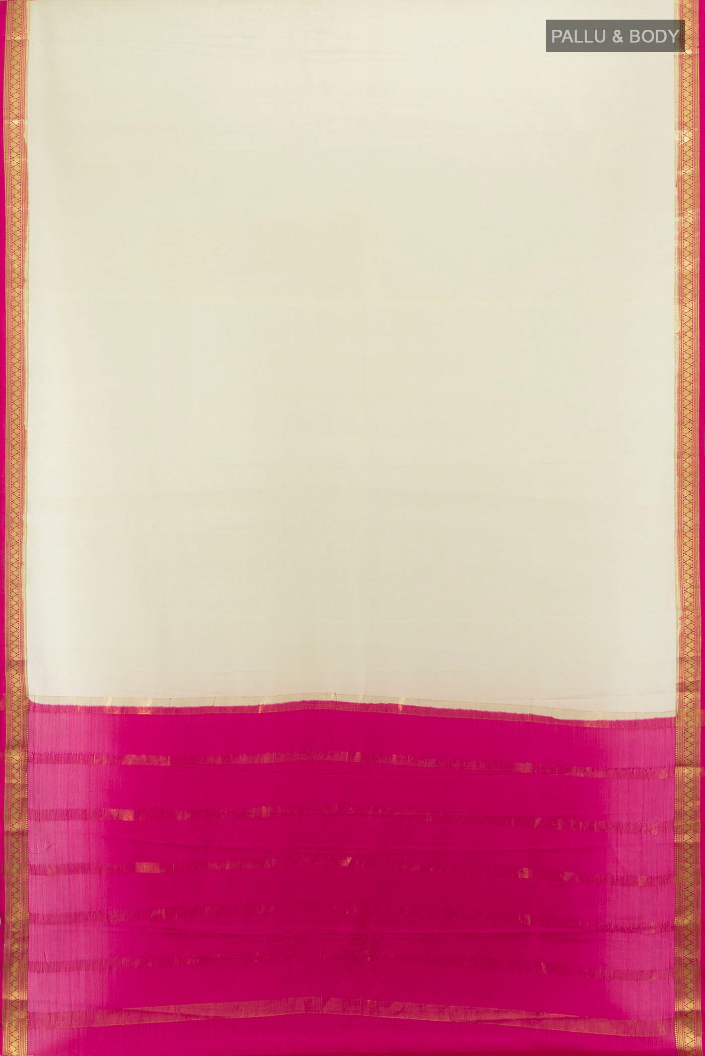 Flat view of Cream Mysore Crepe Saree with Plain Body and Silk Border. 