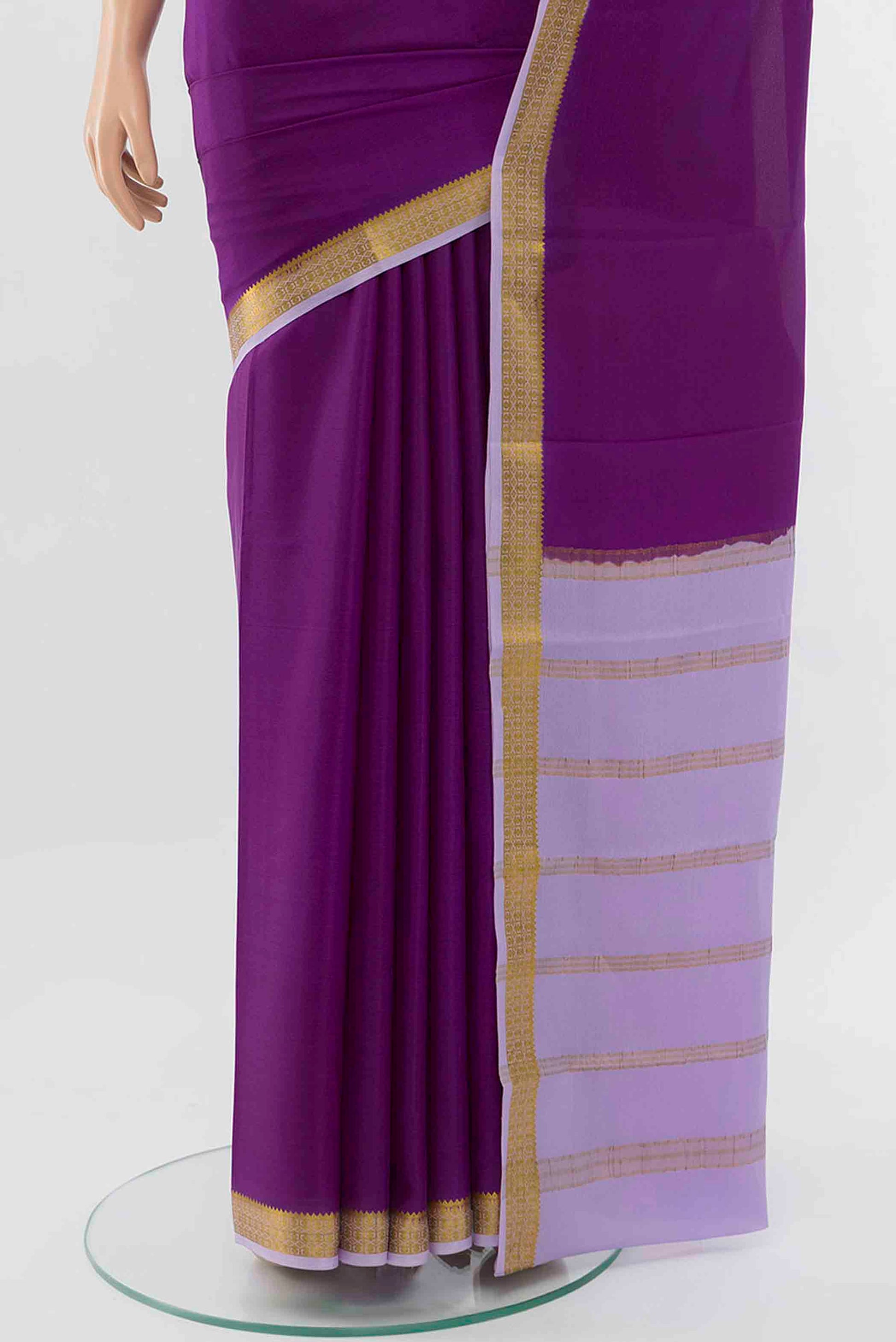 Pleats and pallu of Violet Mysore Crepe Saree with Plain Body and Zari Border