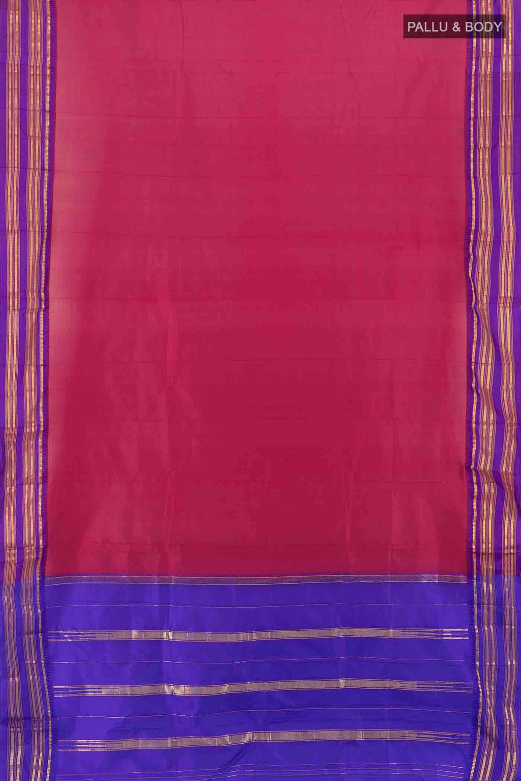 Flat view of Maroon Narayanpet Silk Saree with Zari Butta on the body and Silk Border. 