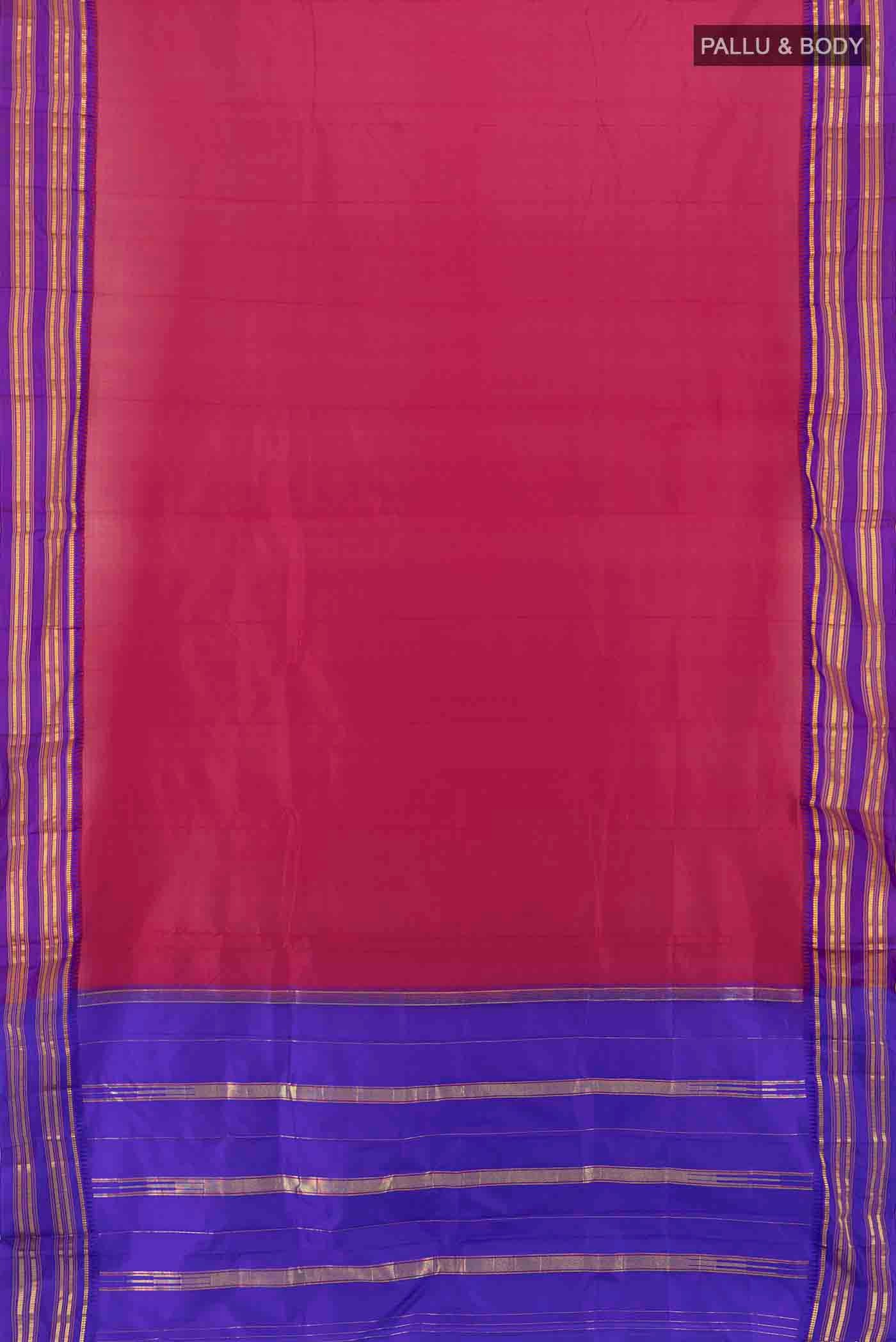 Flat view of Maroon Narayanpet Silk Saree with Zari Butta on the body and Silk Border. 