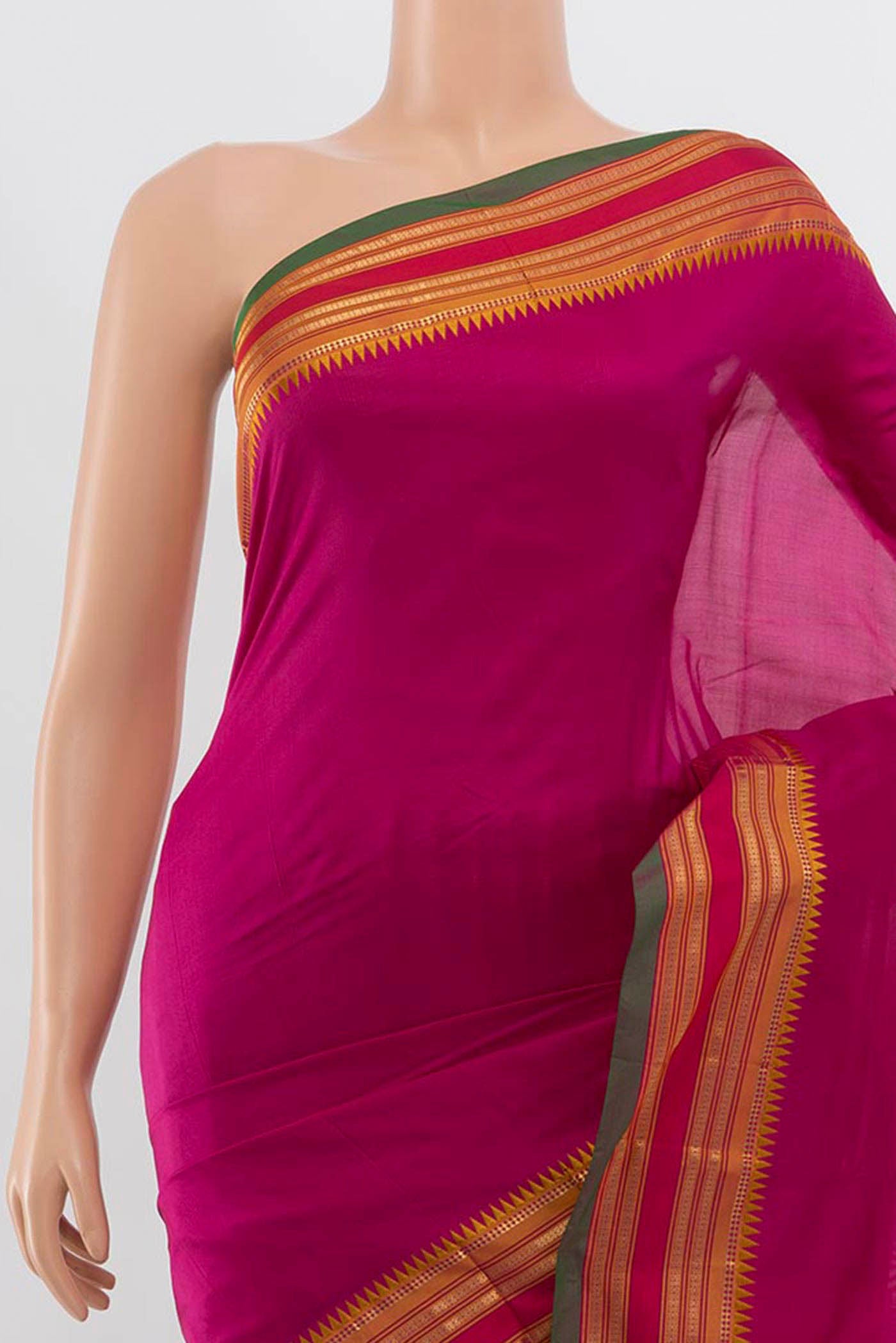 Border image of Dark Pink Narayanpet Silk Saree with Zari Butta on the body and Zari Border. 