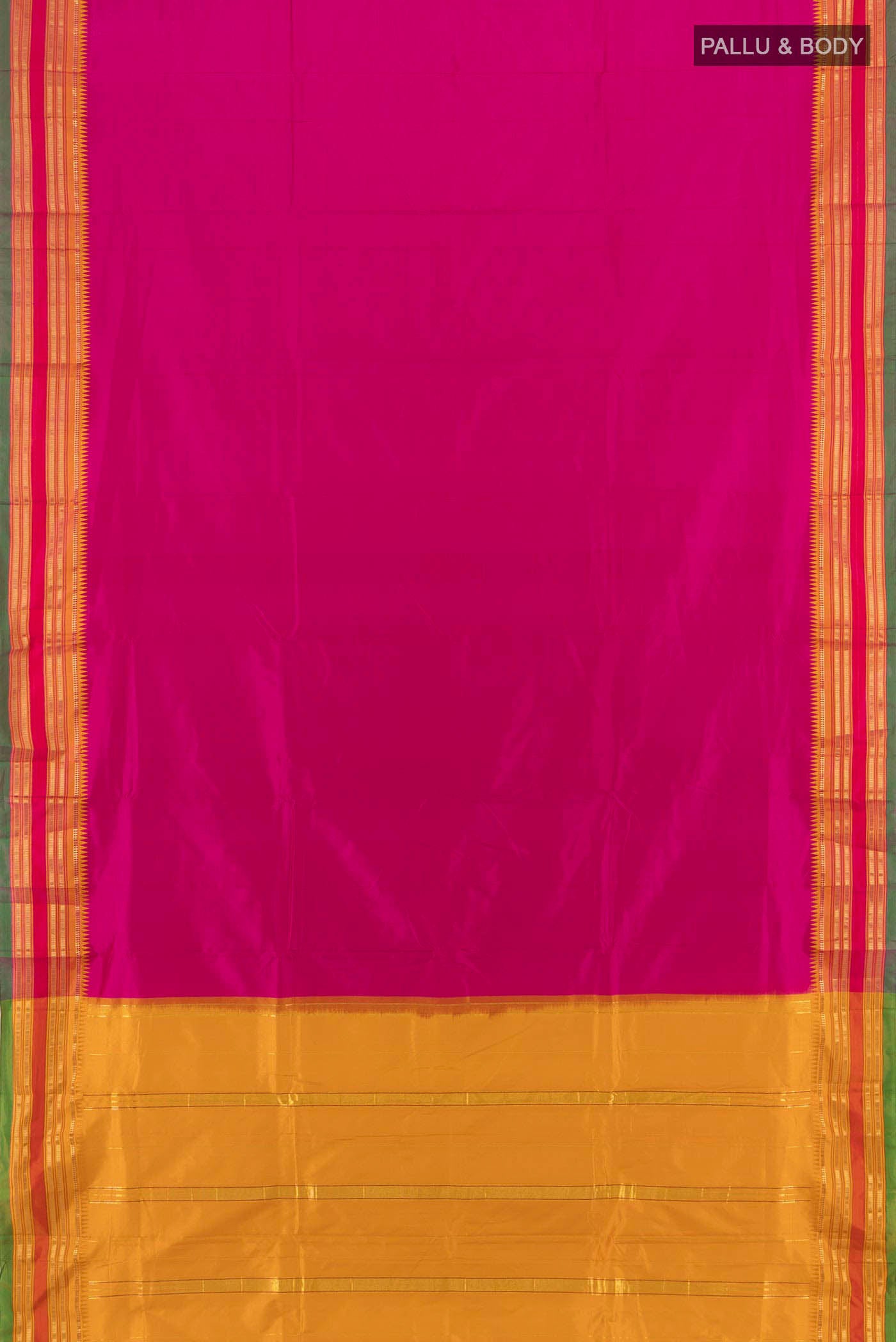 Flat view of Dark Pink Narayanpet Silk Saree with Zari Butta on the body and Zari Border. 