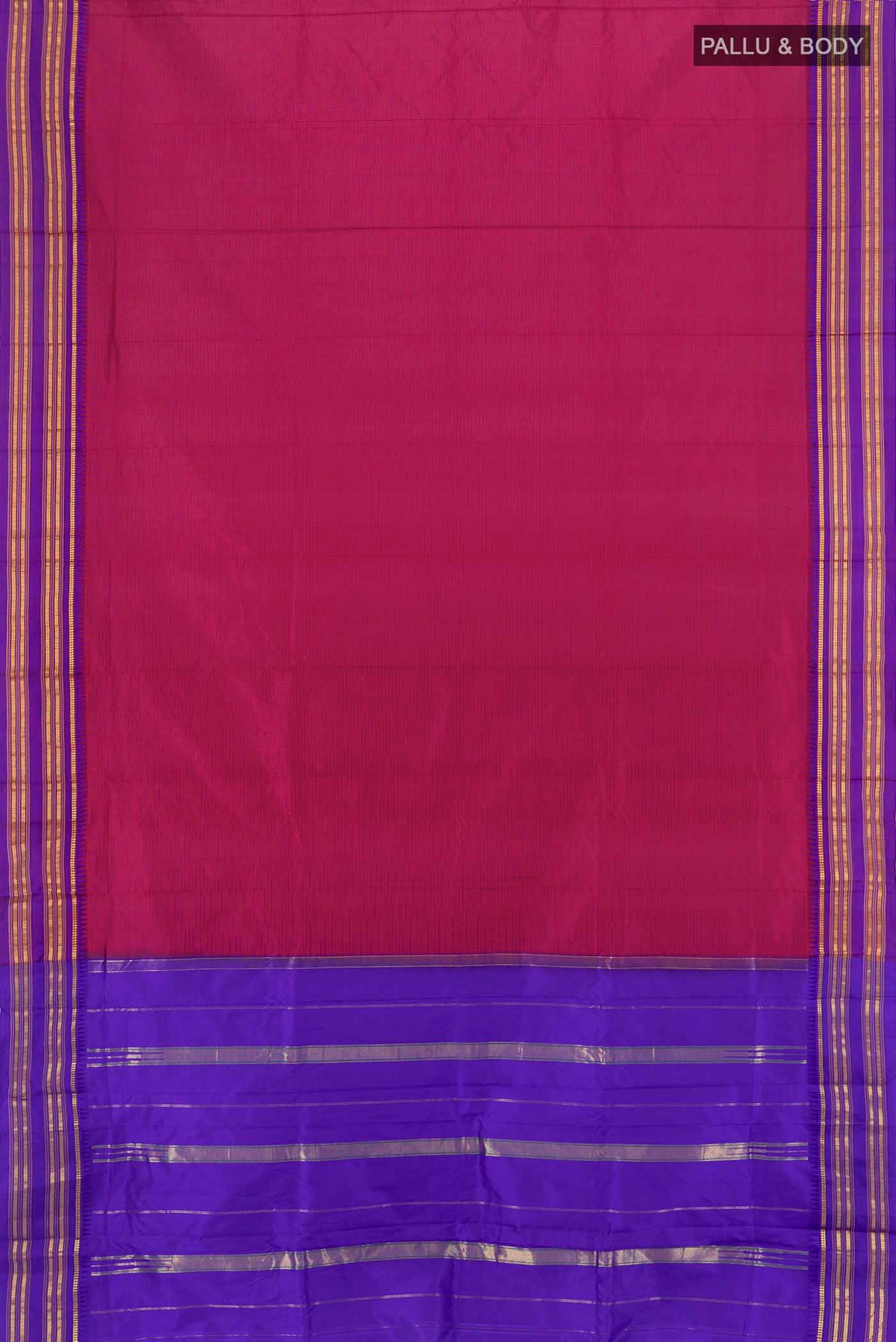 Flat view of Maroon Narayanpet Silk Saree with Zari Butta on the body and Silk Border. 