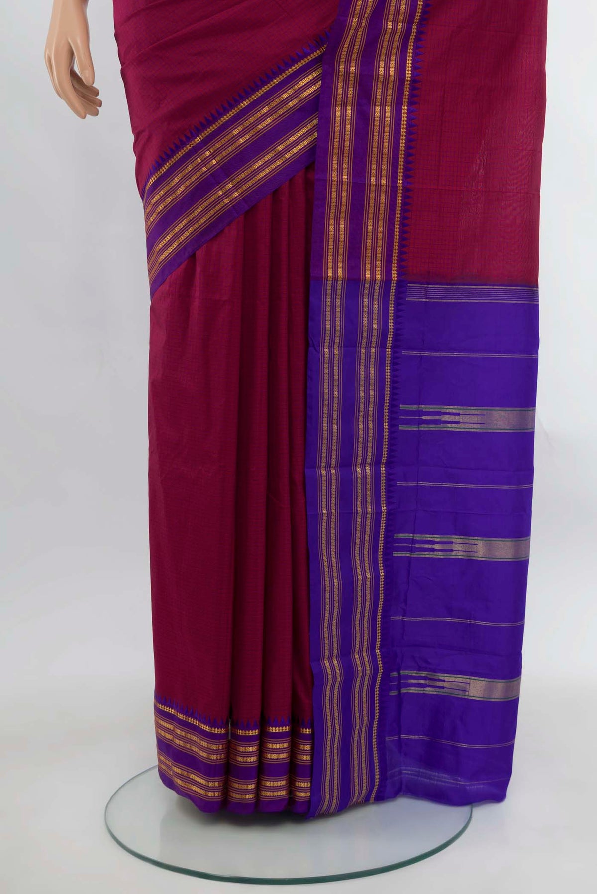 Pleats and pallu of Maroon Narayanpet Silk Saree with Zari Butta on the body and Silk Border. 