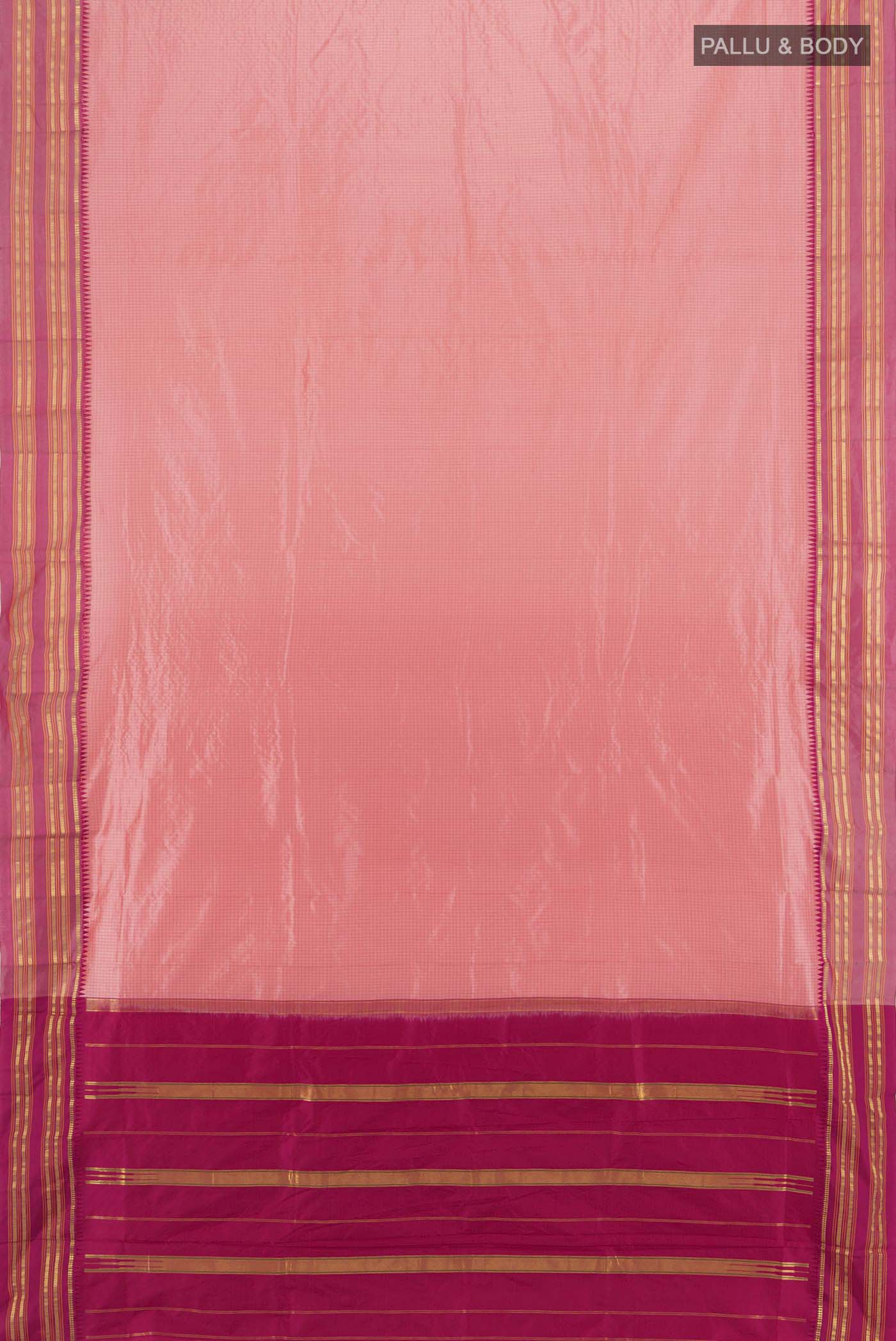 Flat view of Peach Narayanpet Silk Saree with Zari Butta on the body and Silk Border. 