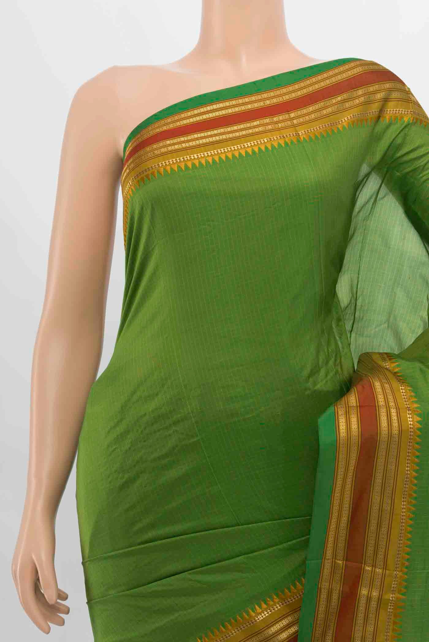 Border image of Bottle Green Narayanpet Silk Saree with Zari Butta on the body and Silk Border. 