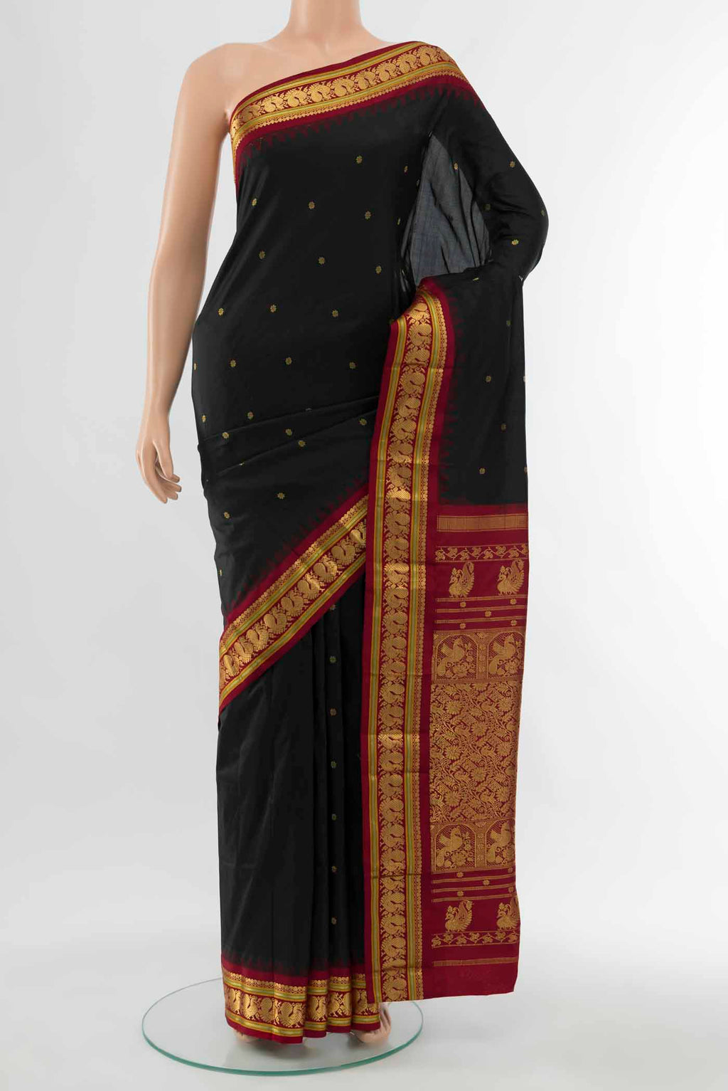 Black Bangalore Silk - kadyal Saree with Zari Butta on the body and Silk Border displayed on a mannequin