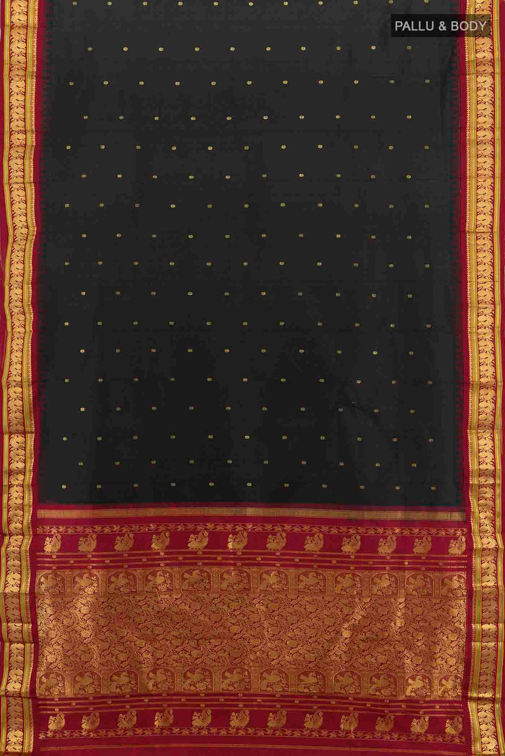 Flat view of Black Bangalore Silk - kadyal Saree with Zari Butta on the body and Silk Border