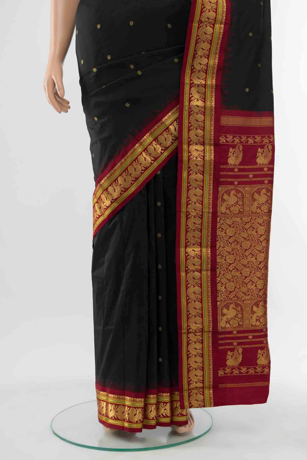 Pleats and pallu of Black Bangalore Silk - kadyal Saree with Zari Butta on the body and Silk Border