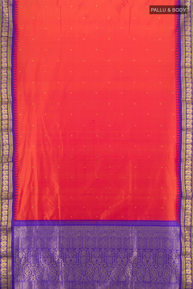 Flat view of Peach Narayanpet Silk Saree with Zari Butta on the body and Silk Border. 