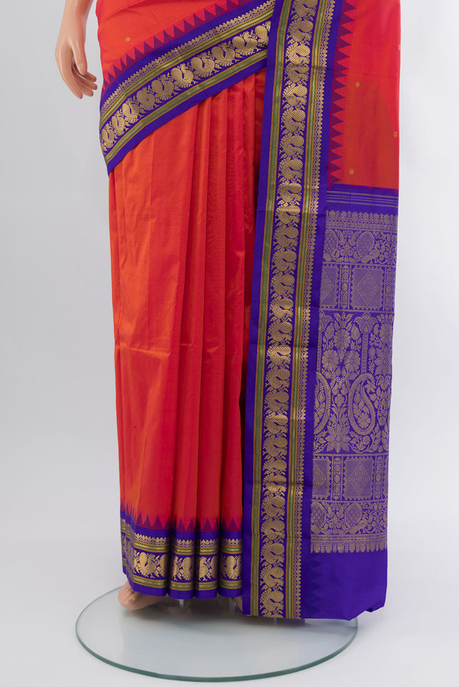 Pleats and pallu of Peach Narayanpet Silk Saree with Zari Butta on the body and Silk Border. 