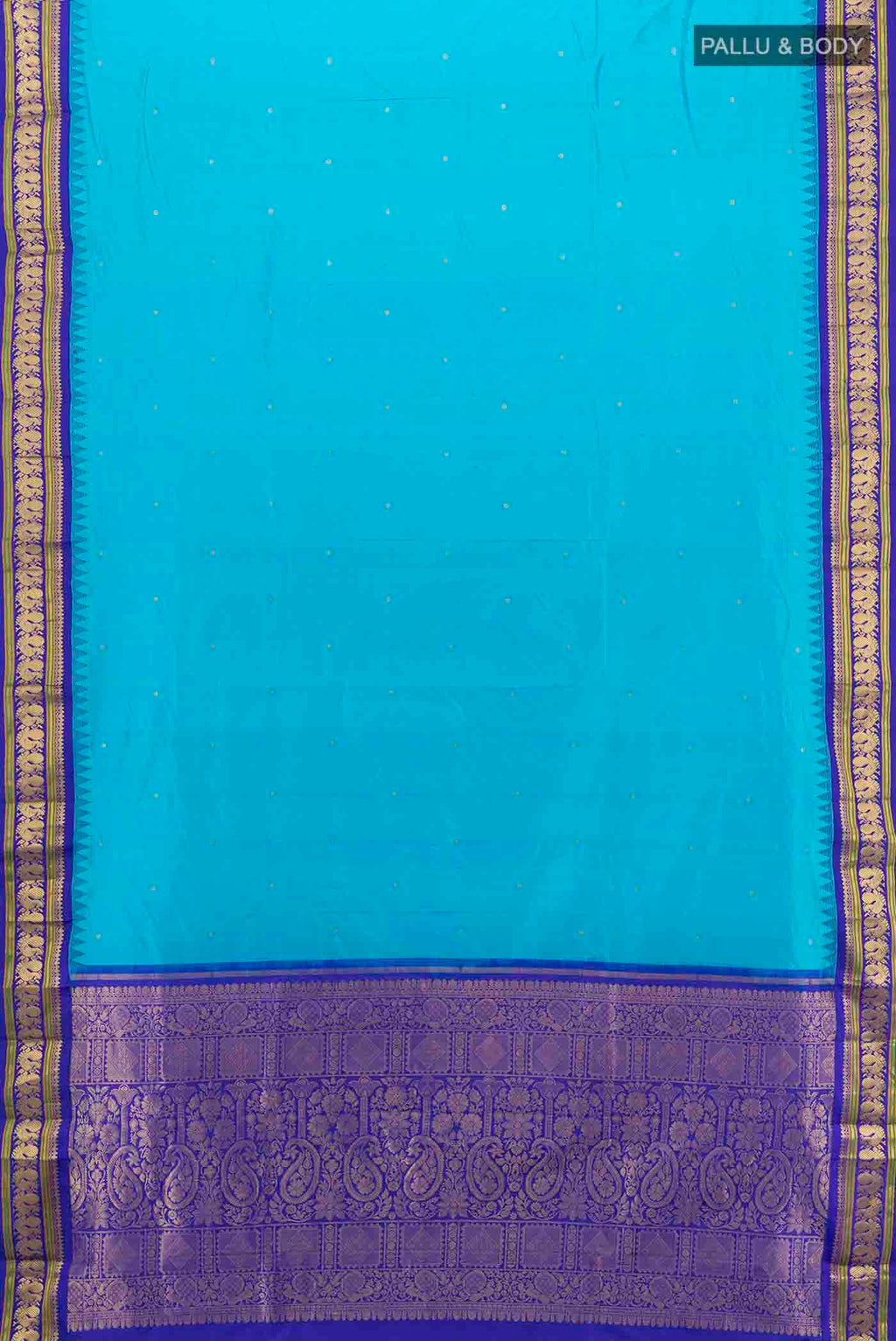 Flat view of Light Blue Bangalore Silk - kadyal Saree with Zari Butta on the body and Silk Border