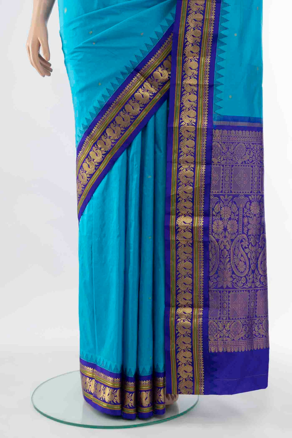 Pleats and pallu of Light Blue Bangalore Silk - kadyal Saree with Zari Butta on the body and Silk Border