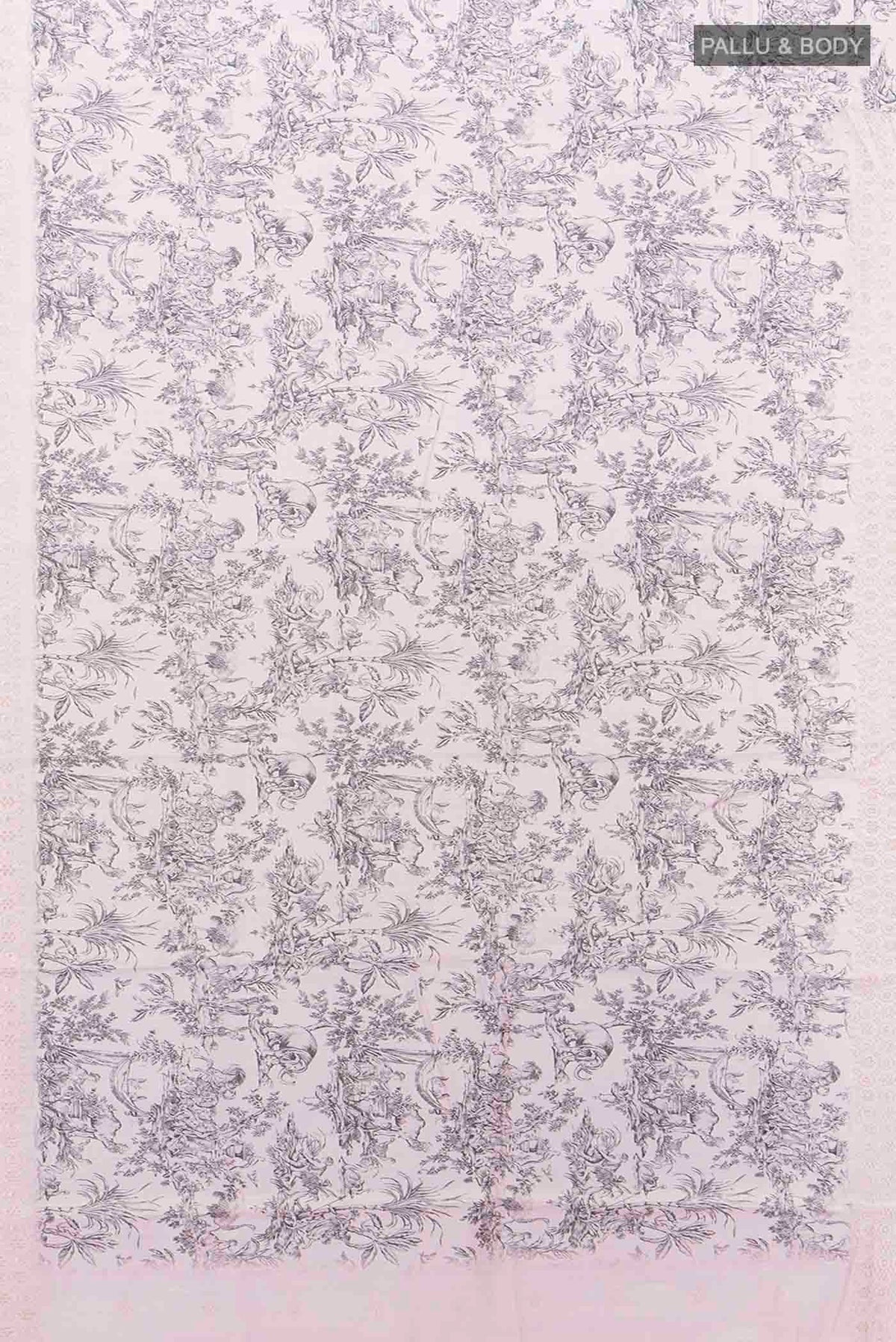 Flat view of Off White Blended Art Silk Saree with Printed design on the body and Embroidery Border
