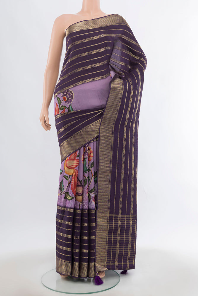 Lavender Art Silk Saree with Floral Print on the body and Silk Border.  displayed on a mannequin