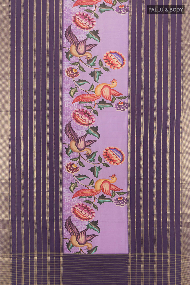 Flat view of Lavender Art Silk Saree with Floral Print on the body and Silk Border. 
