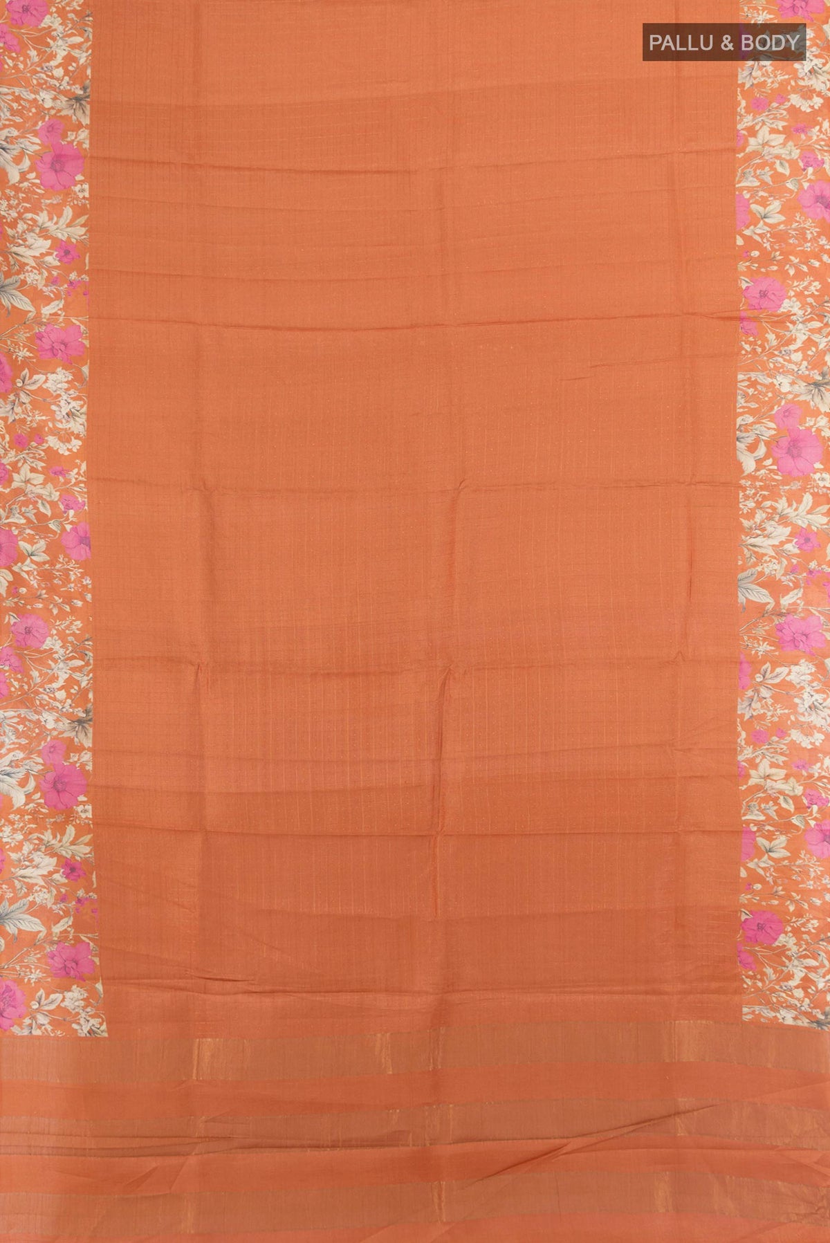 Flat view of Rust Tussar Saree with Stripes on the body and Printed Border. 