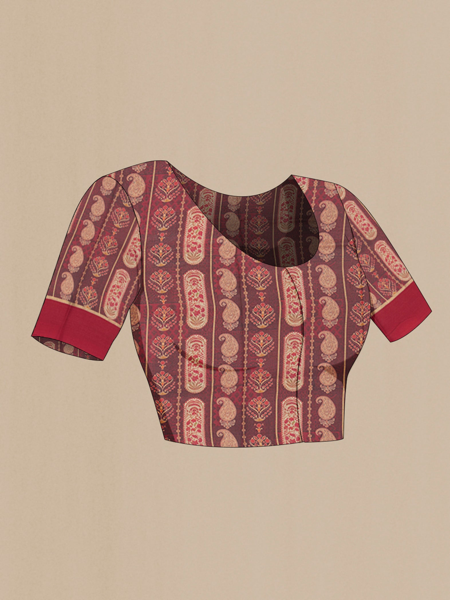 Close up image of the blouse of Brown Tussar Silk Saree with Printed design on the body and Printed Border. 