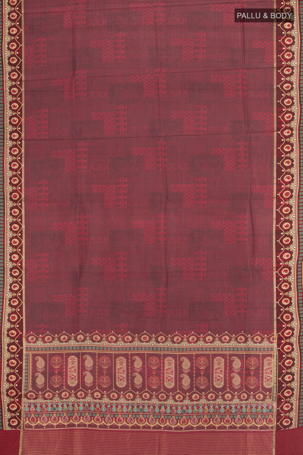 Flat view of Brown Tussar Silk Saree with Printed design on the body and Printed Border. 