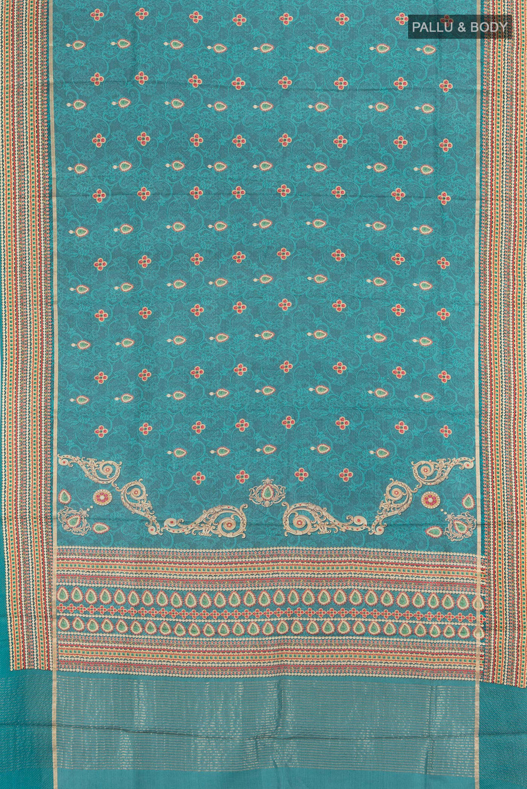 Flat view of Blue Tussar Silk Saree with Floral Print on the body and Printed Border. 