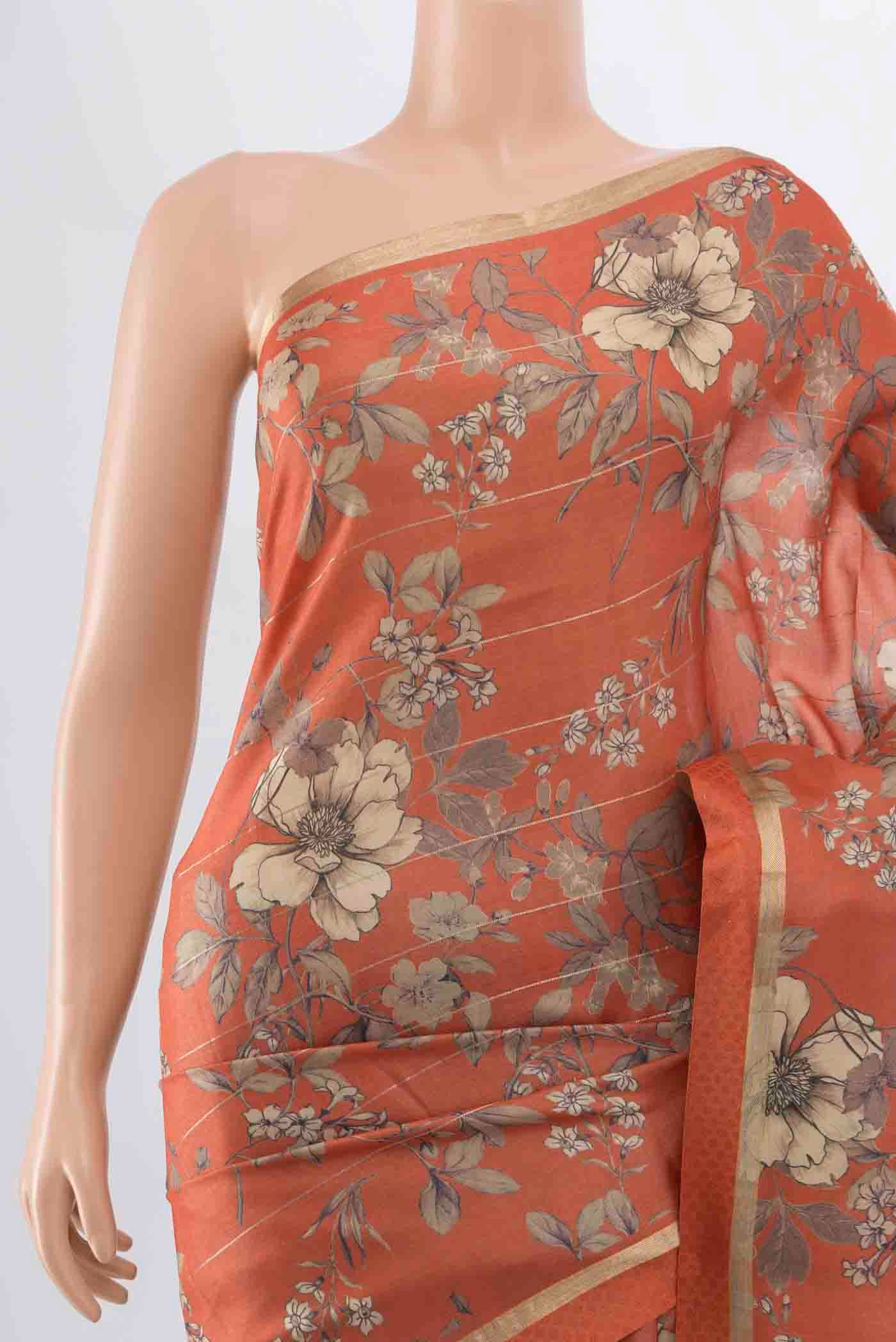 Border image of Brick Orange Tussar Silk Saree with Zari Butta on the body and Silk Border