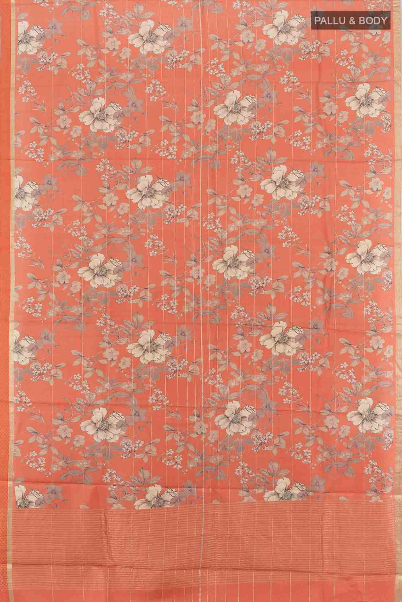 Flat view of Brick Orange Tussar Silk Saree with Zari Butta on the body and Silk Border