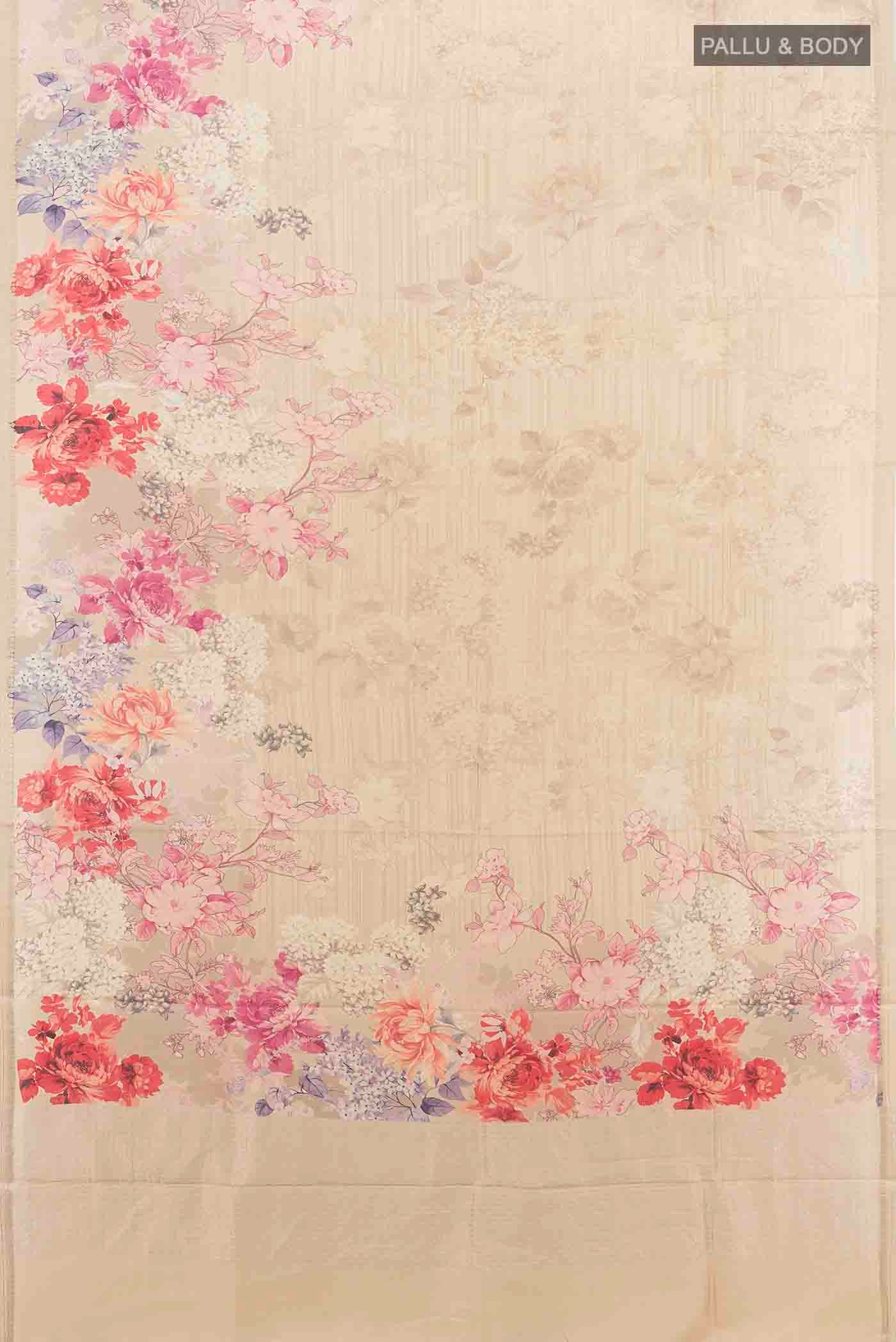 Flat view of Cream Tussar Silk Saree with Floral Print on the body and Thread Border