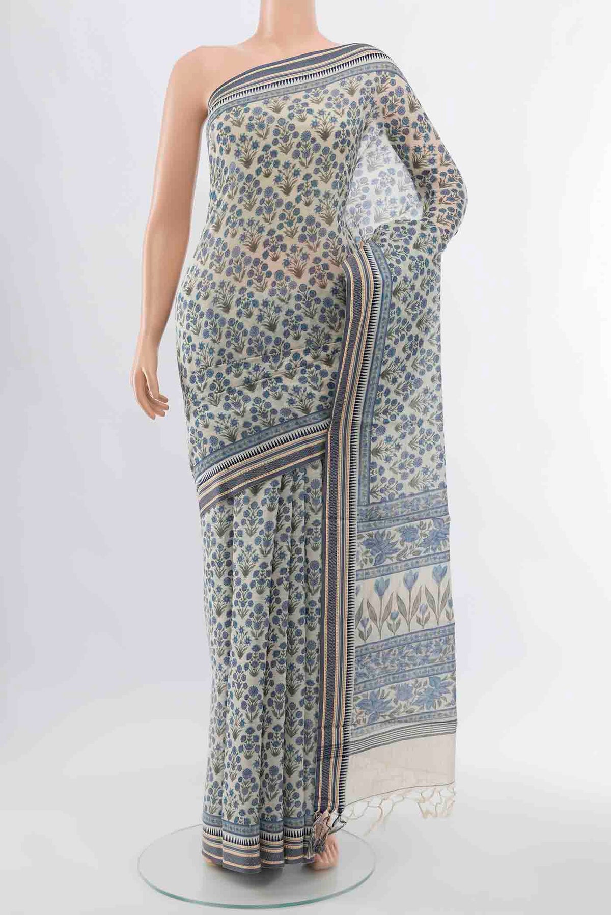 Cream Maheshwari Silk Cotton Saree with Floral Print on the body and Thread Border displayed on a mannequin