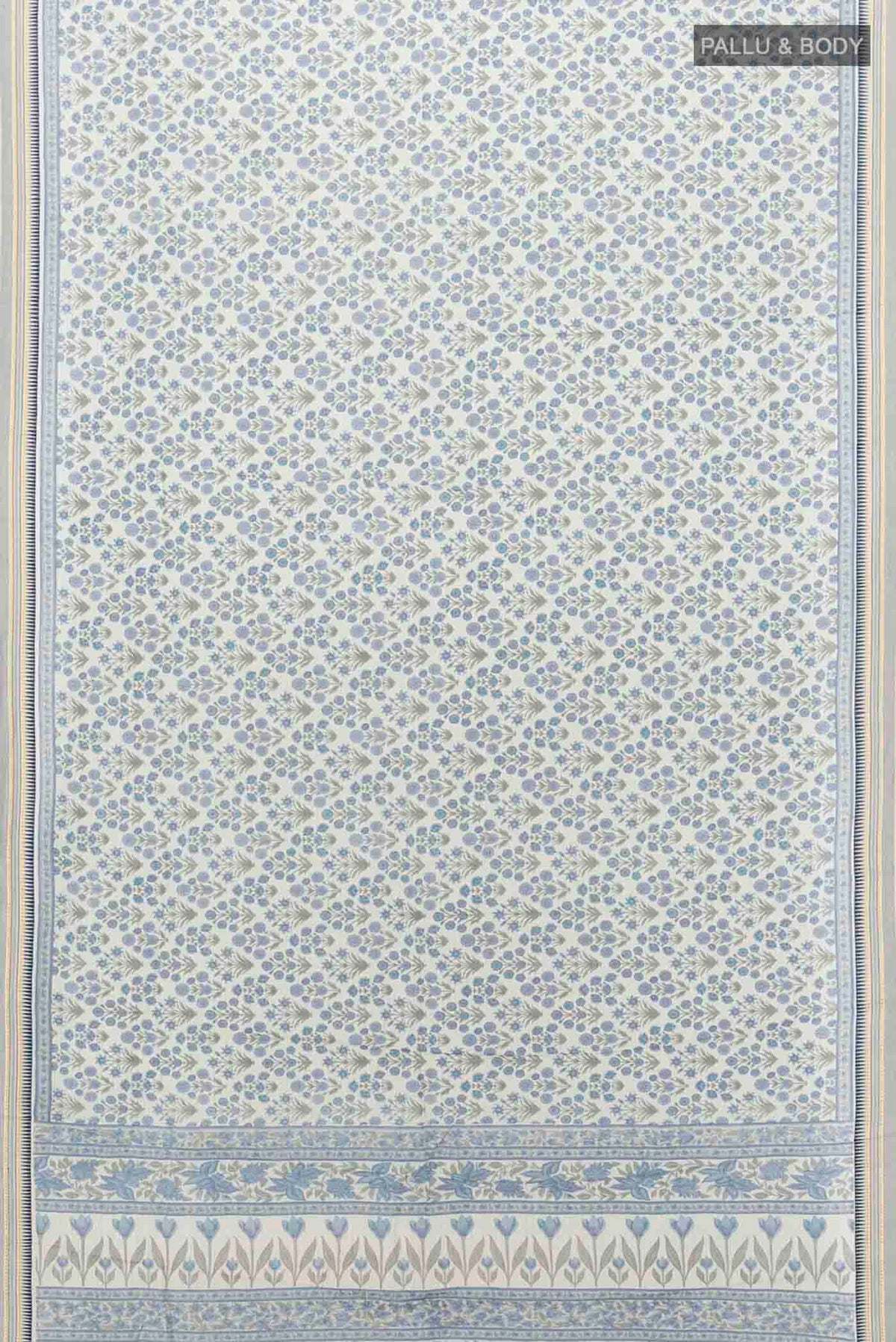 Flat view of Cream Maheshwari Silk Cotton Saree with Floral Print on the body and Thread Border