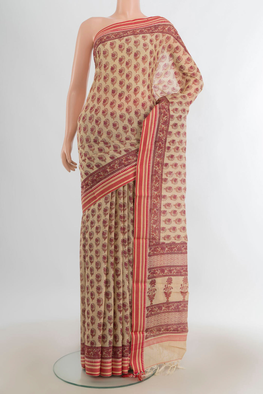 Multi Color Maheshwari Cotton Saree with Floral Print on the body and Silk Border.  displayed on a mannequin
