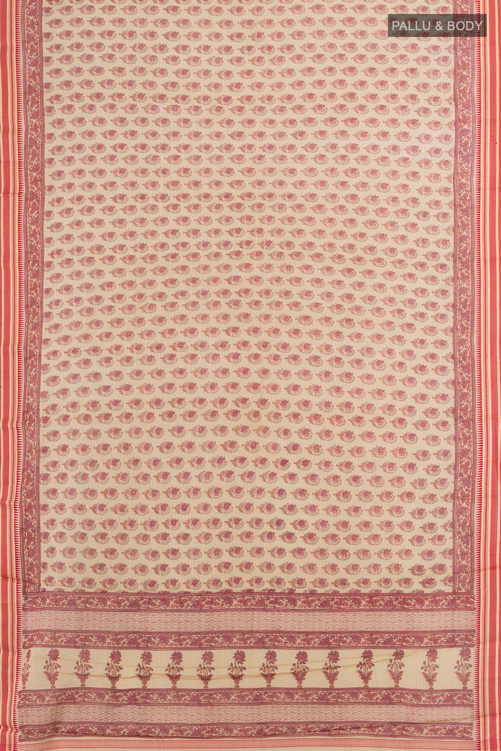 Flat view of Multi Color Maheshwari Cotton Saree with Floral Print on the body and Silk Border. 