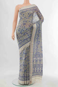 Grey Maheshwari Silk Cotton Saree with Floral Print on the body and Fancy Border displayed on a mannequin