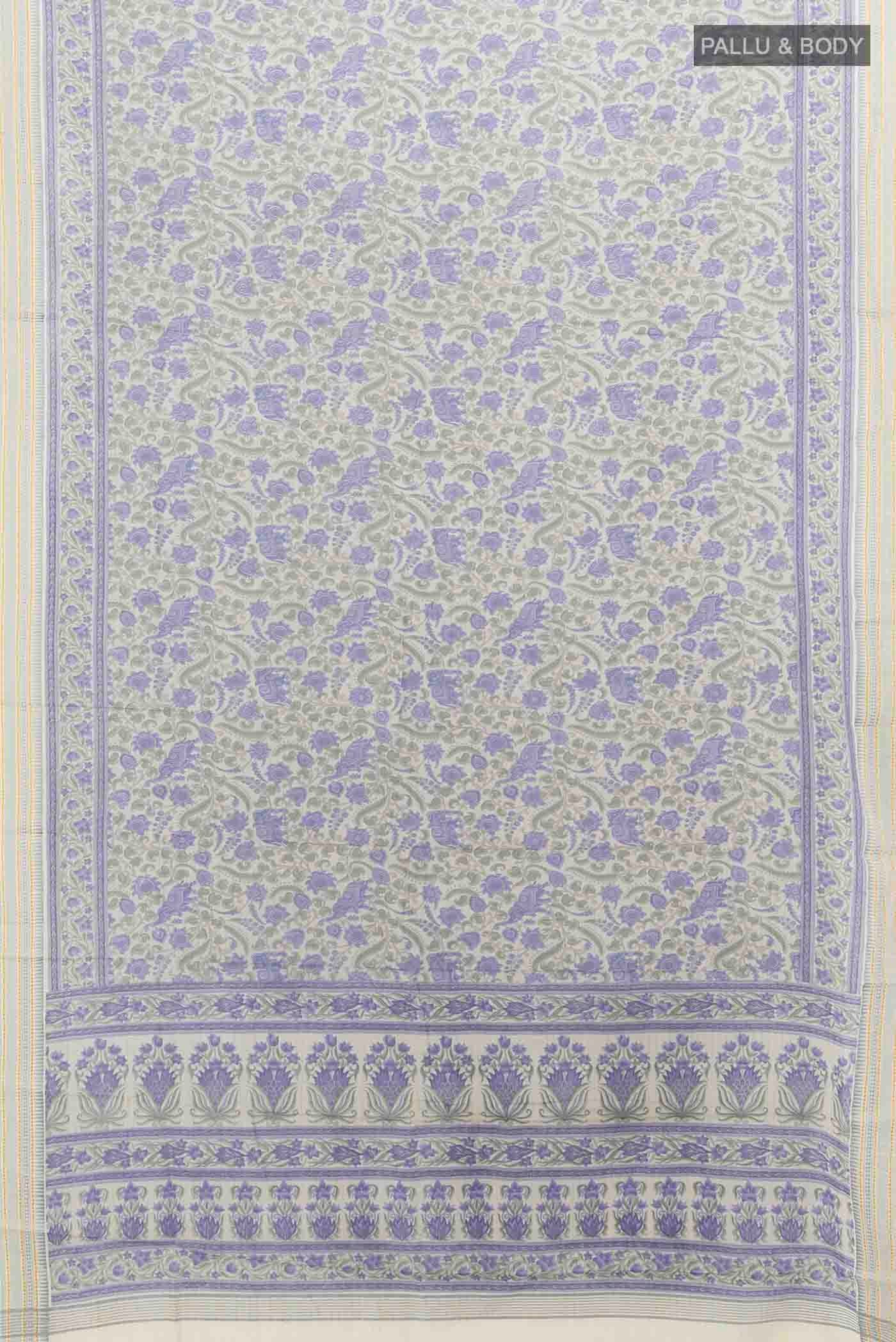 Flat view of Grey Maheshwari Silk Cotton Saree with Floral Print on the body and Fancy Border