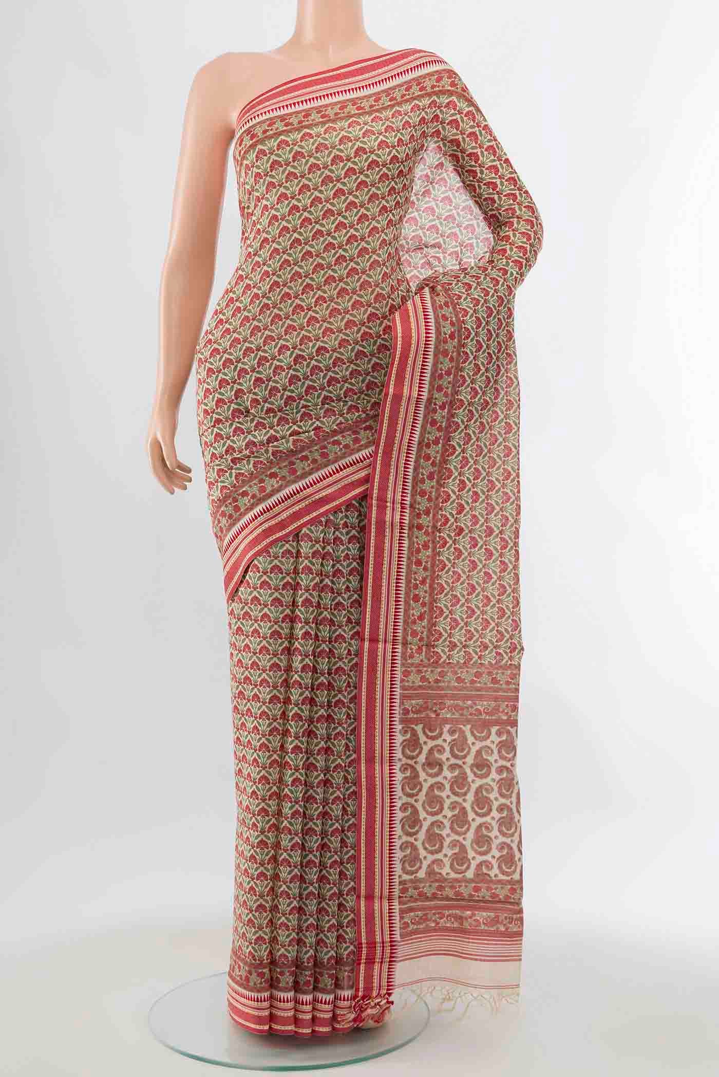 Red Maheshwari Silk Cotton Saree with Thread Butta on the body and Silk Border displayed on a mannequin