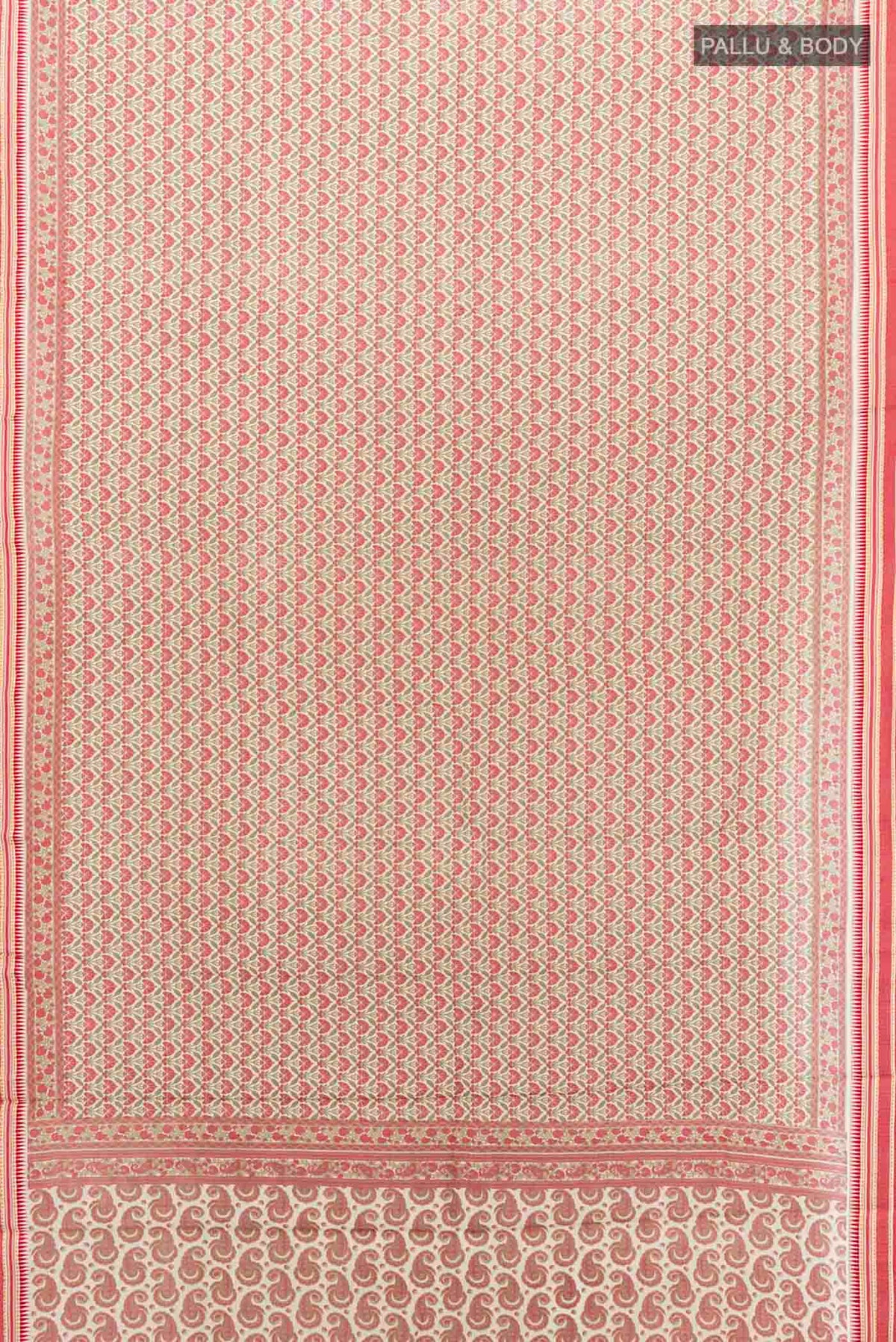 Flat view of Red Maheshwari Silk Cotton Saree with Thread Butta on the body and Silk Border