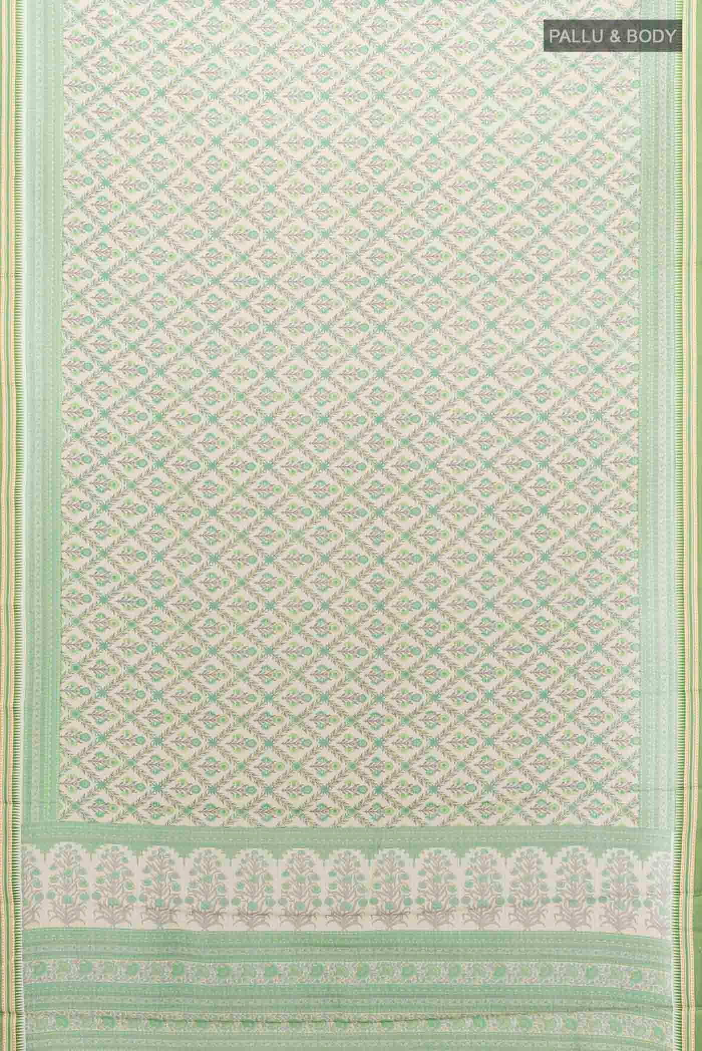 Flat view of Light Green Maheshwari Silk Cotton Saree with Zari Butta on the body and Fancy Border