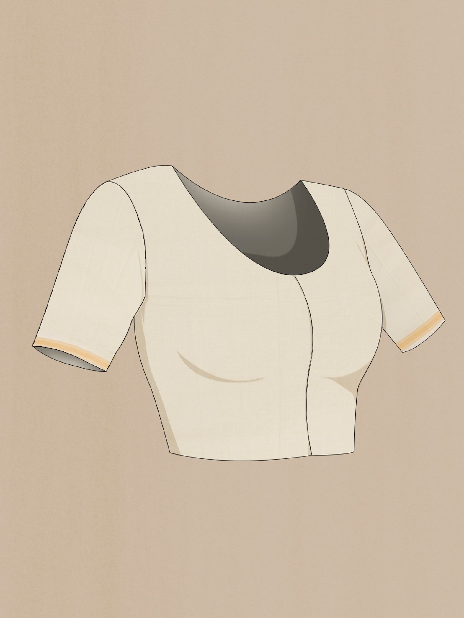 Close up image of the blouse of Cream Tussar Silk Saree with Floral Print on the body and Plain Border. 